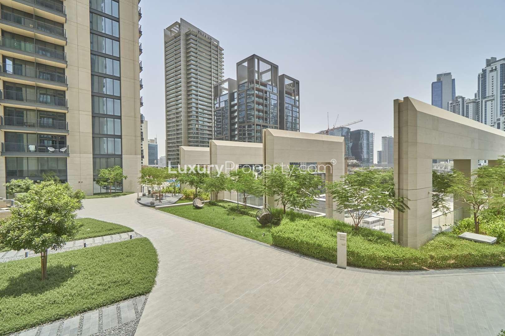 Balcony view from two-bedroom apartment in BLVD Heights, Downtown Dubai, showcasing modern architecture
