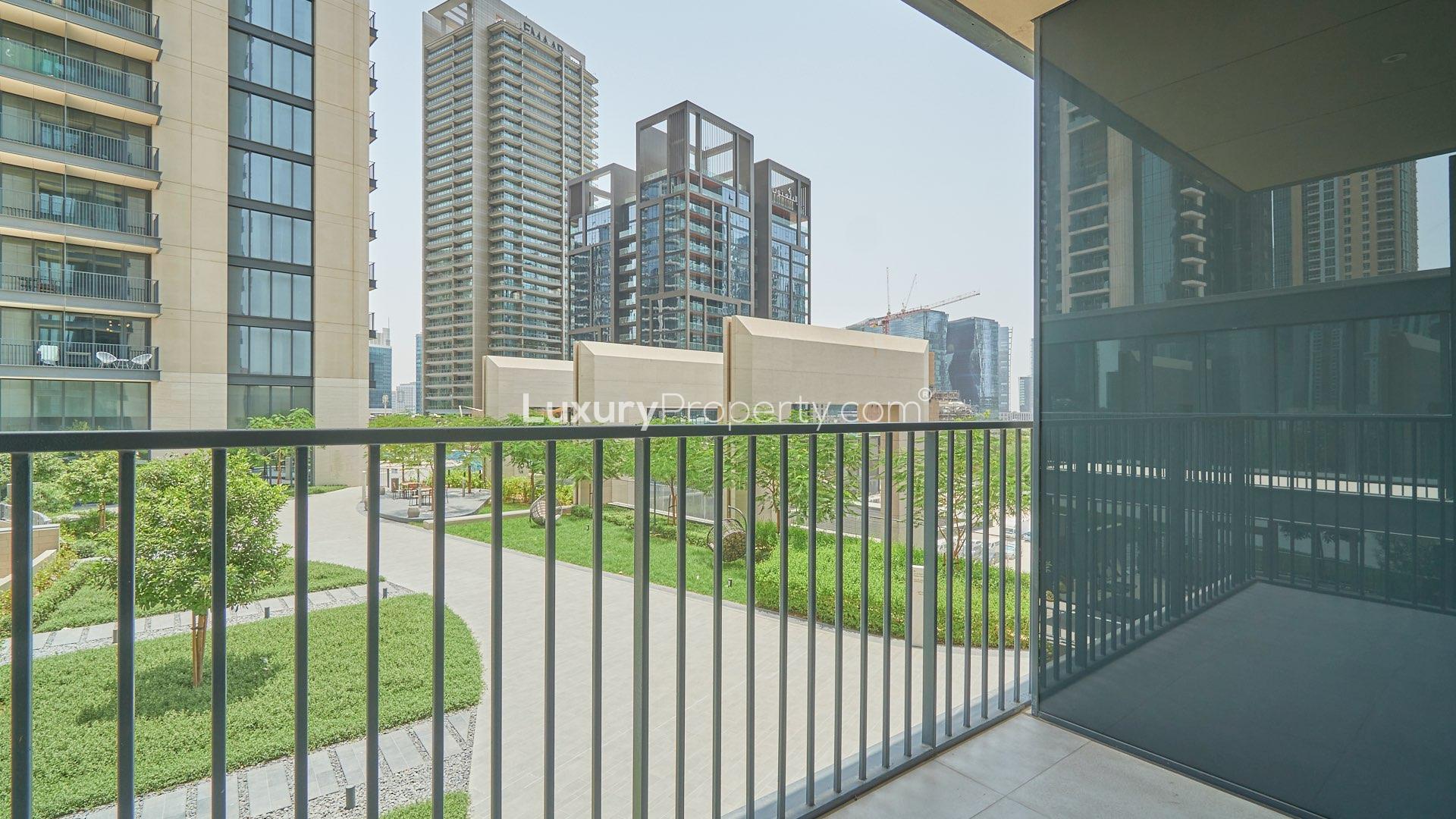 Spacious living area in two-bedroom apartment, BLVD Heights, Downtown Dubai, large windows, bright space