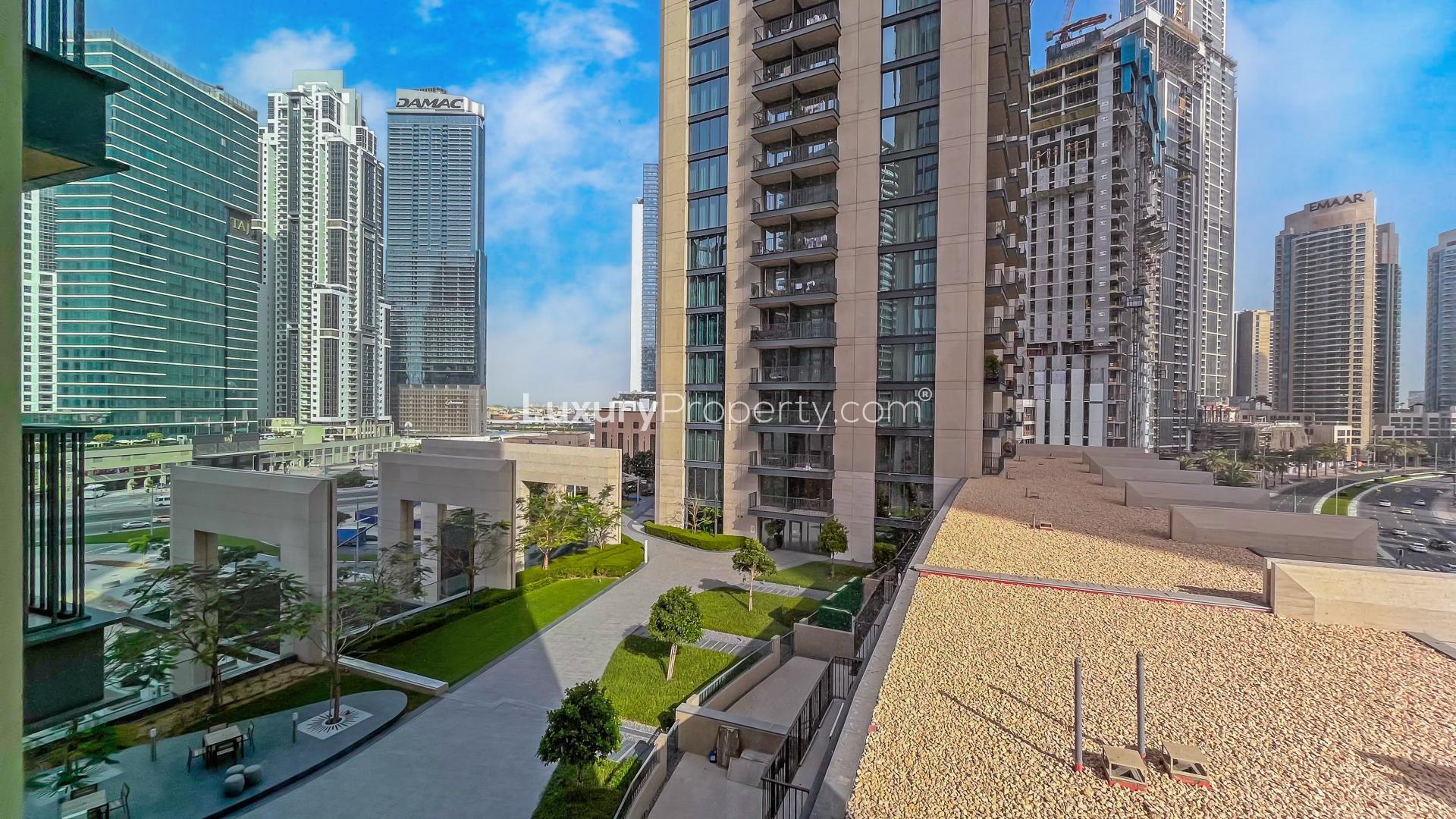 View from 2-bedroom apartment in Blvd Heights, Downtown Dubai, showing city skyline and boulevard