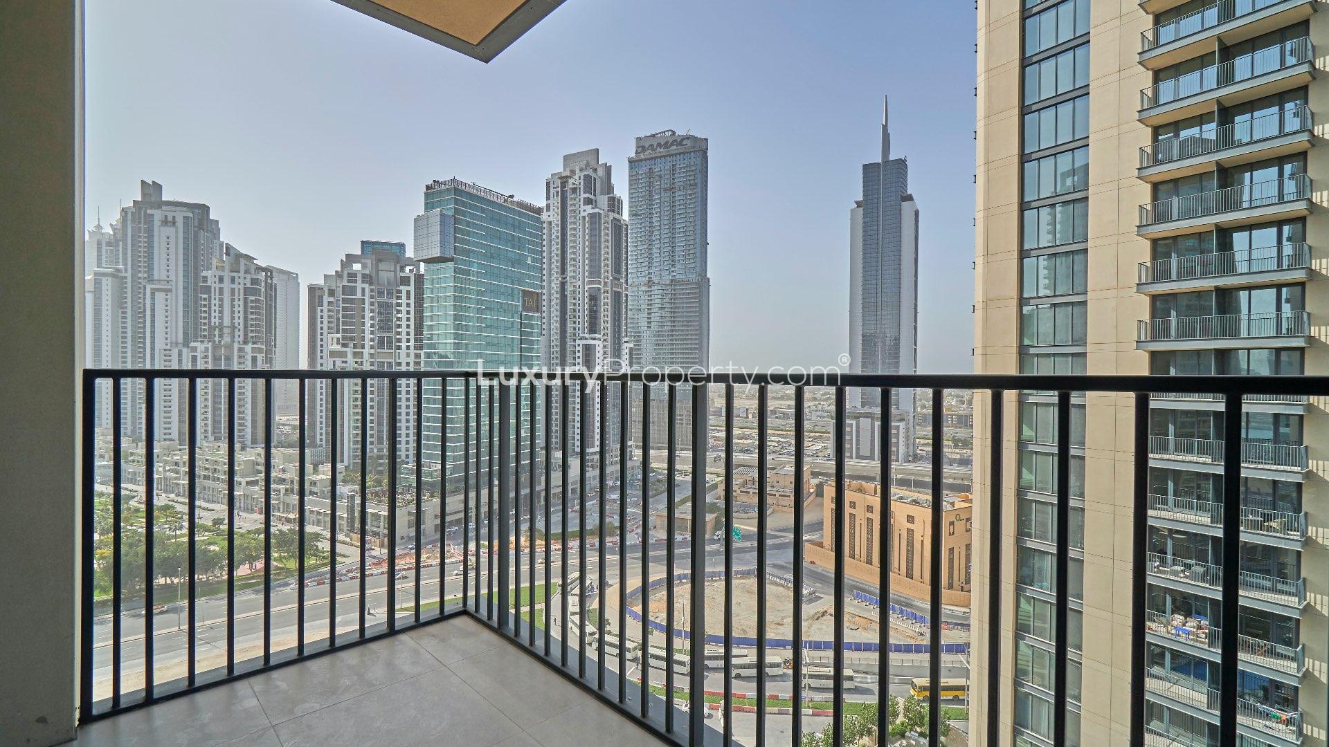 N/A,Balcony view of Downtown Dubai skyline from Boulevard Heights two-bedroom apartment for rent