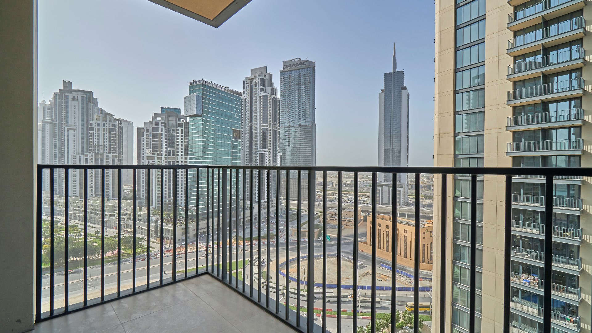 N/A,Balcony view of Downtown Dubai skyline from Boulevard Heights two-bedroom apartment for rent