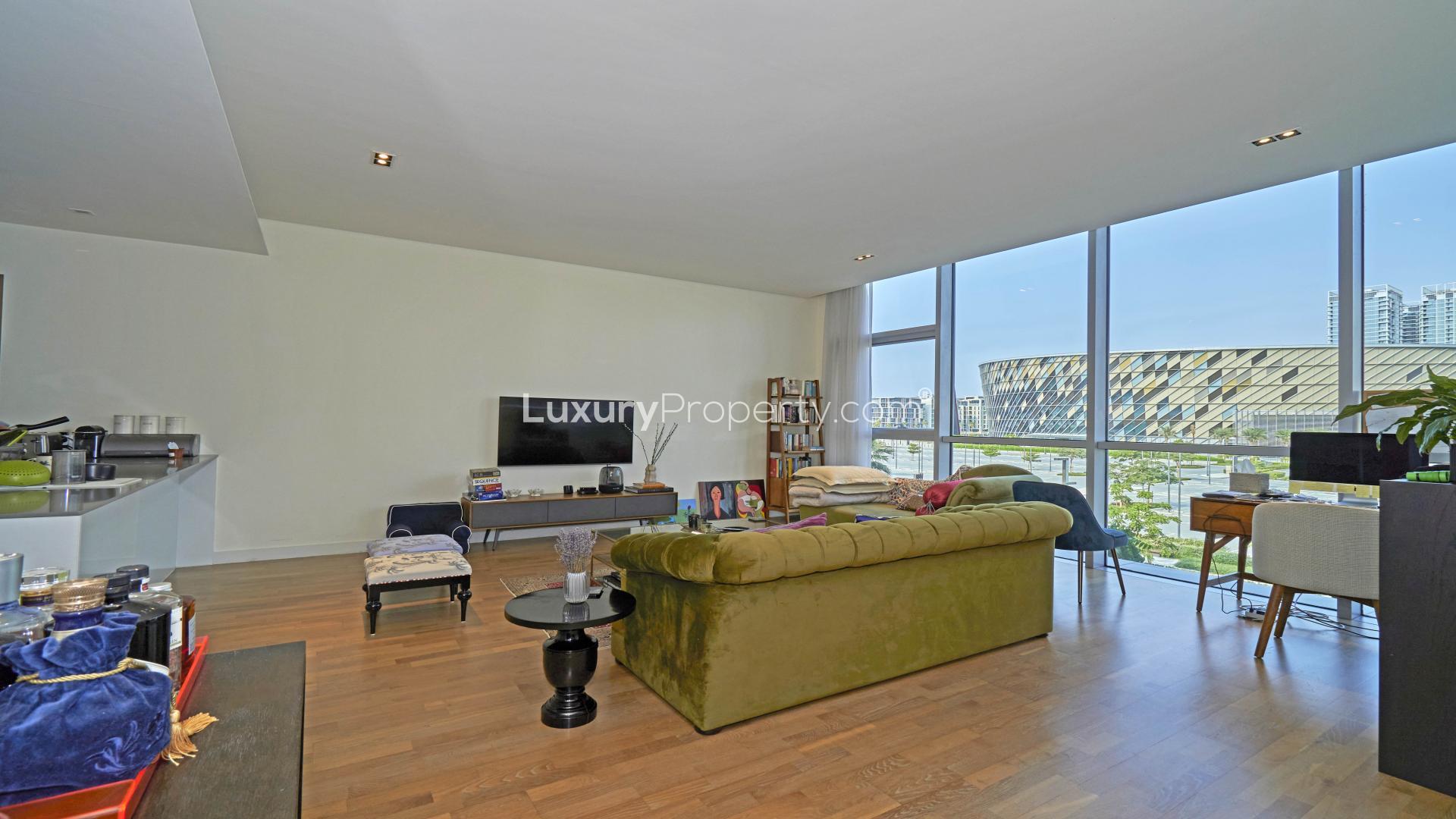 Luxurious living room in City Walk apartment with skyline view and modern decor