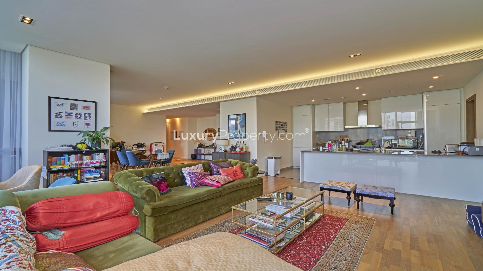 Spacious living room with Christmas decor in City Walk two-bedroom apartment for rent