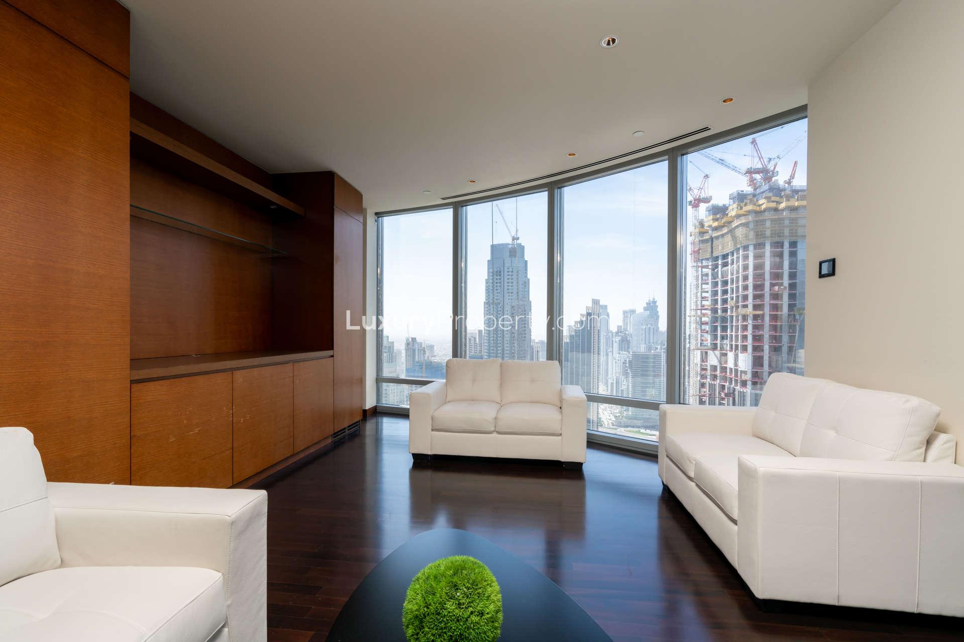 Spacious living area in 2-bedroom apartment, Burj Khalifa, Downtown Dubai, with modern wood finishes