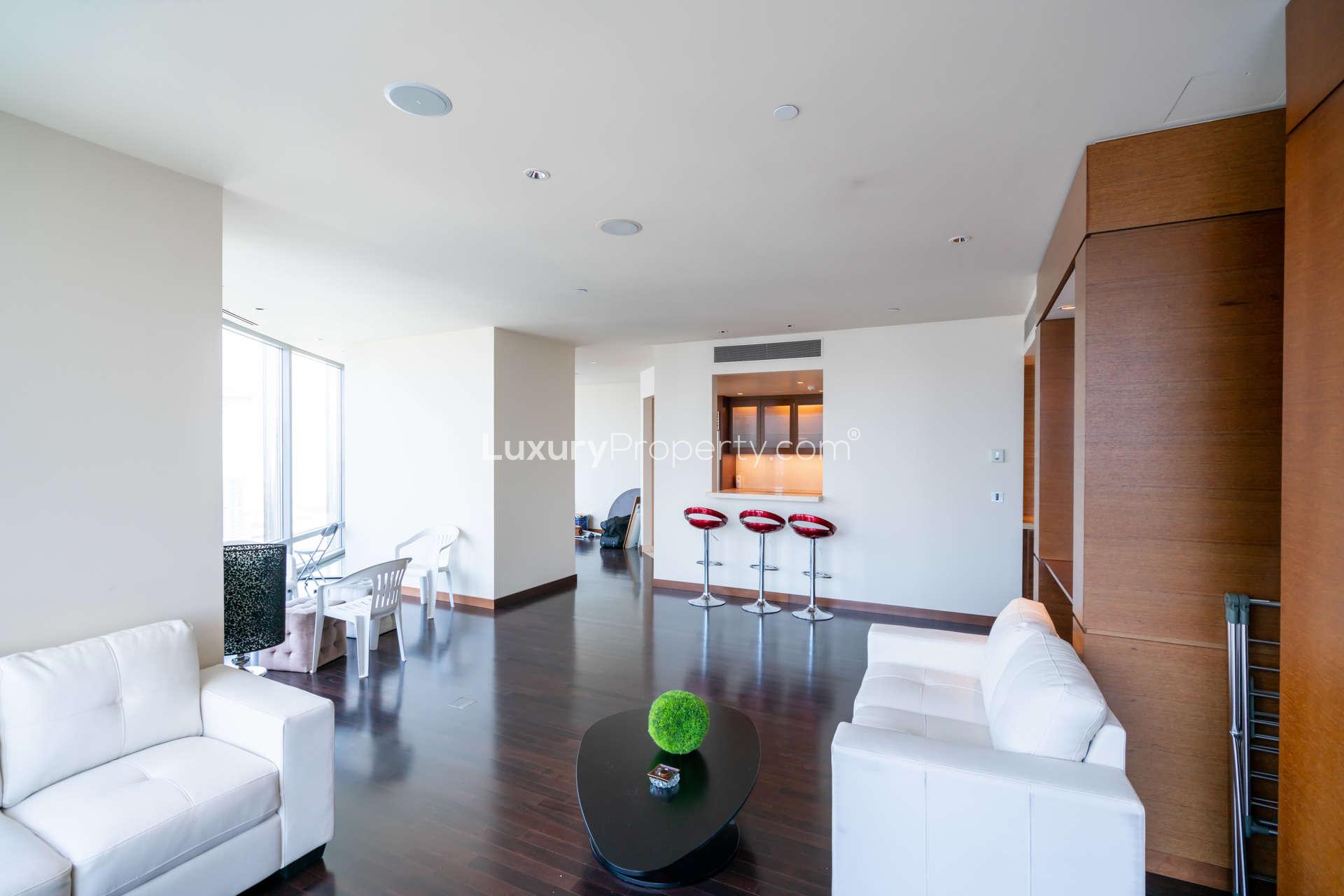 Luxurious living room with city views in Burj Khalifa apartment, Downtown Dubai