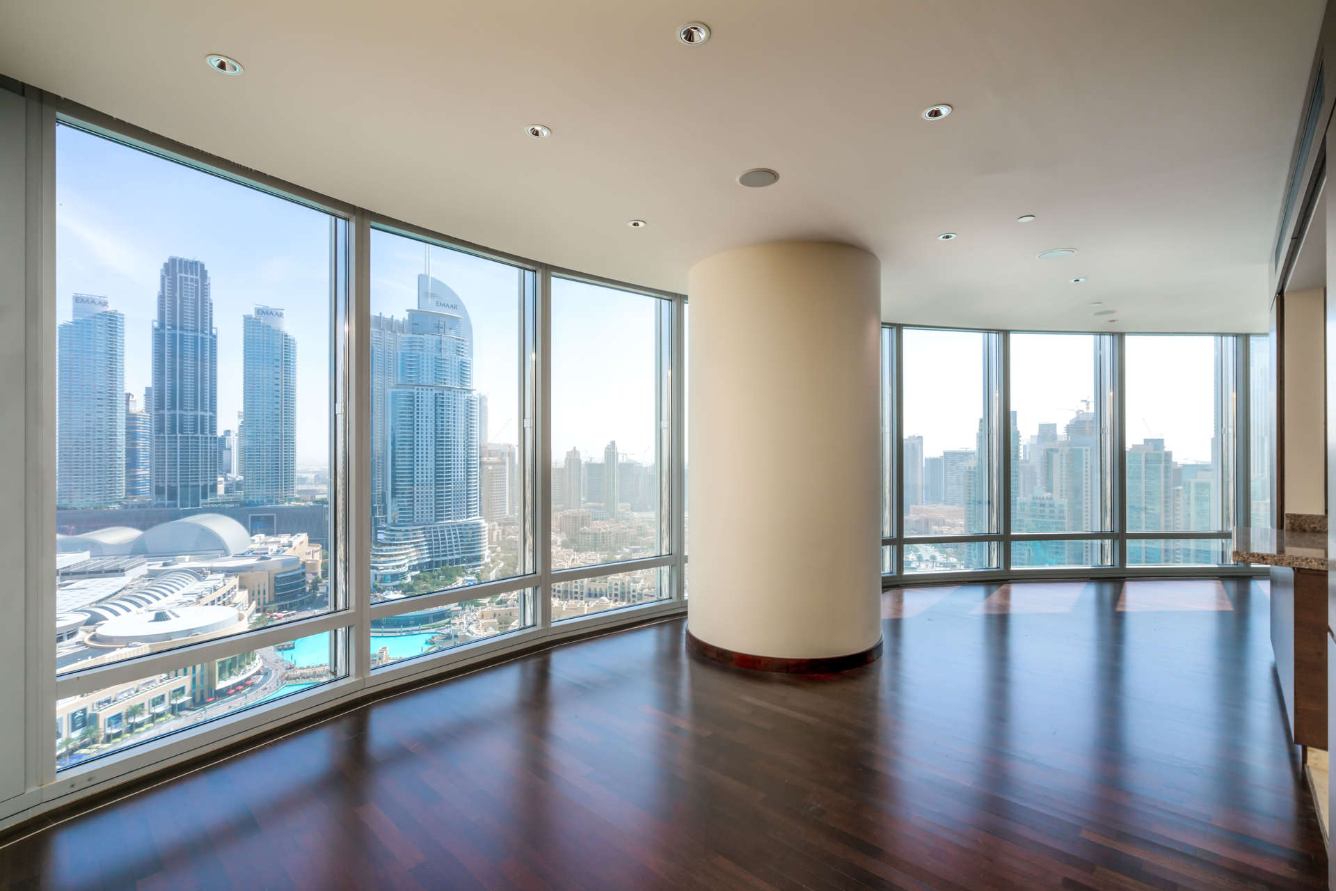 Stunning Burj Khalifa apartment interior with panoramic fountain view, Downtown Dubai rental