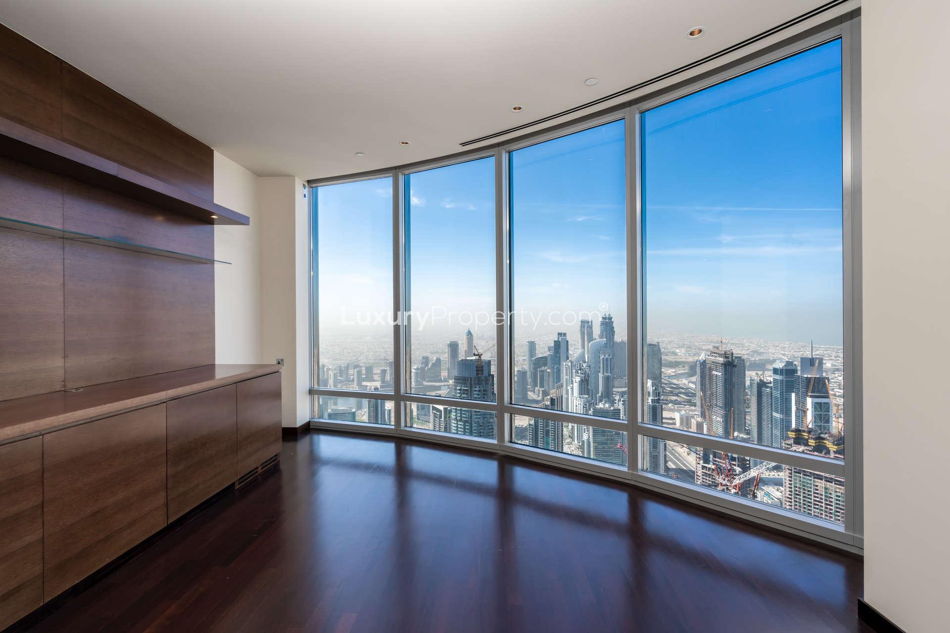 Burj Khalifa view from apartment in Downtown Dubai, featuring iconic architecture and fountain