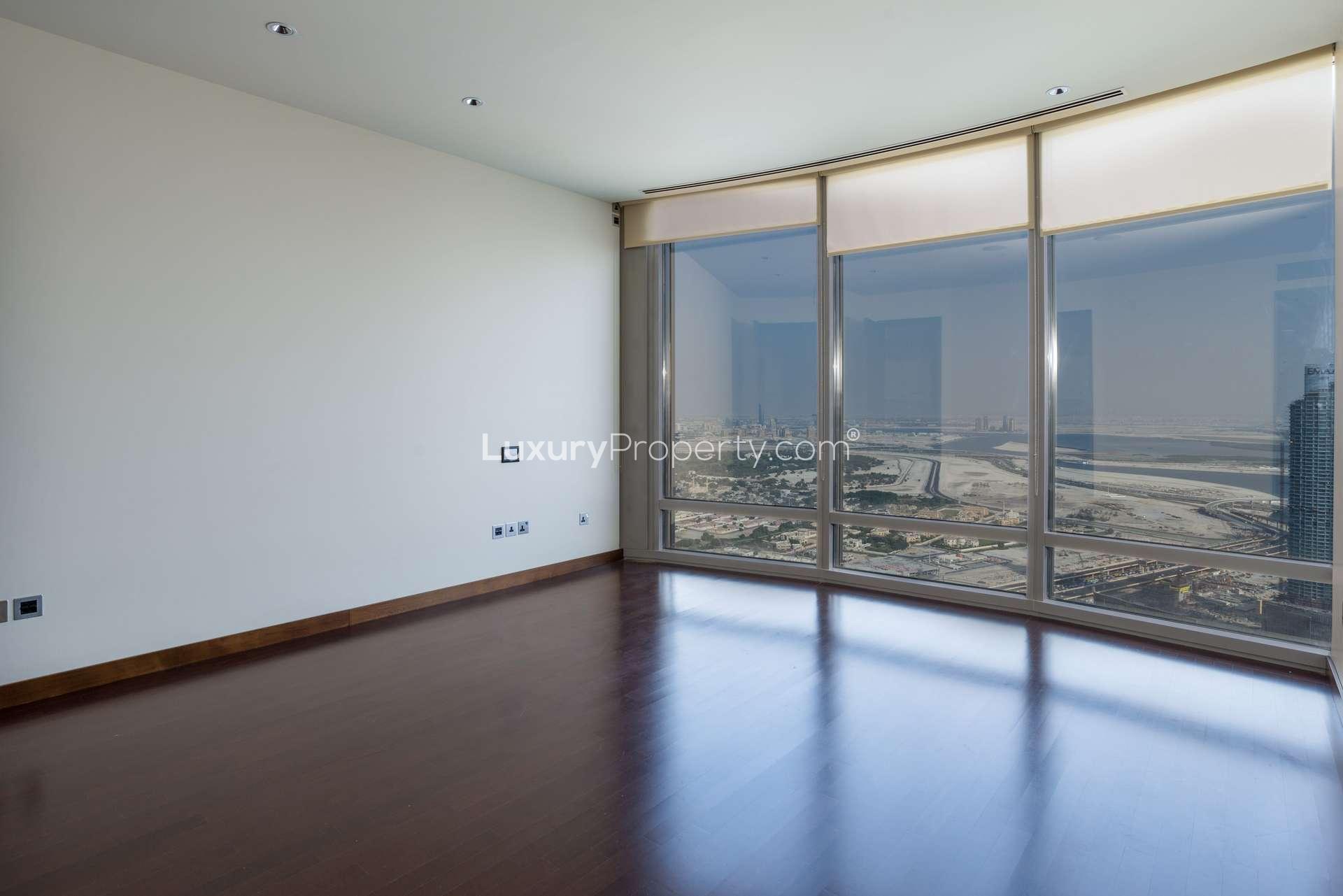 Hallway view in luxurious Burj Khalifa apartment with cityscape backdrop, Downtown Dubai