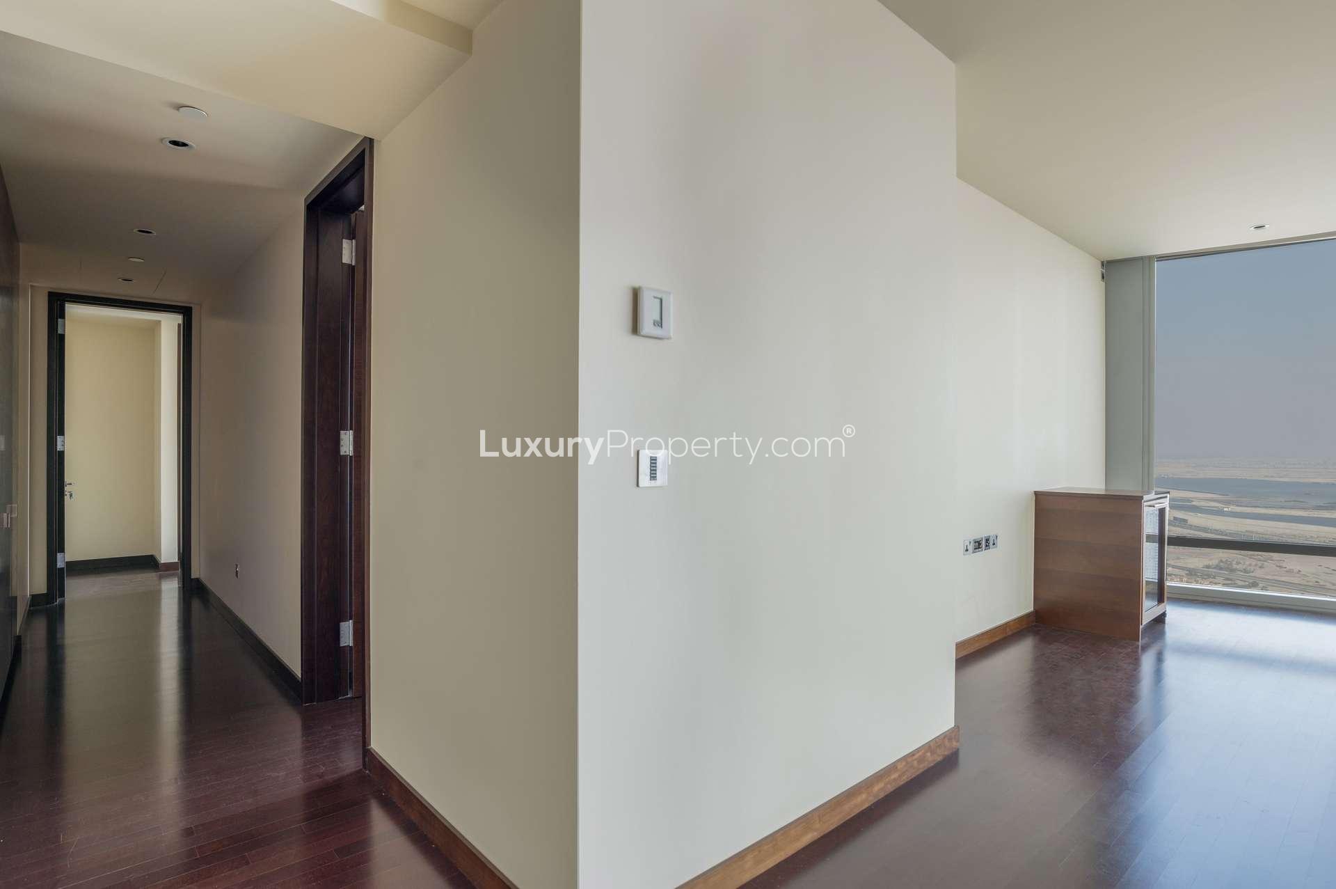 Aerial view of Downtown Dubai, Burj Khalifa area, featuring luxury apartments and fountains