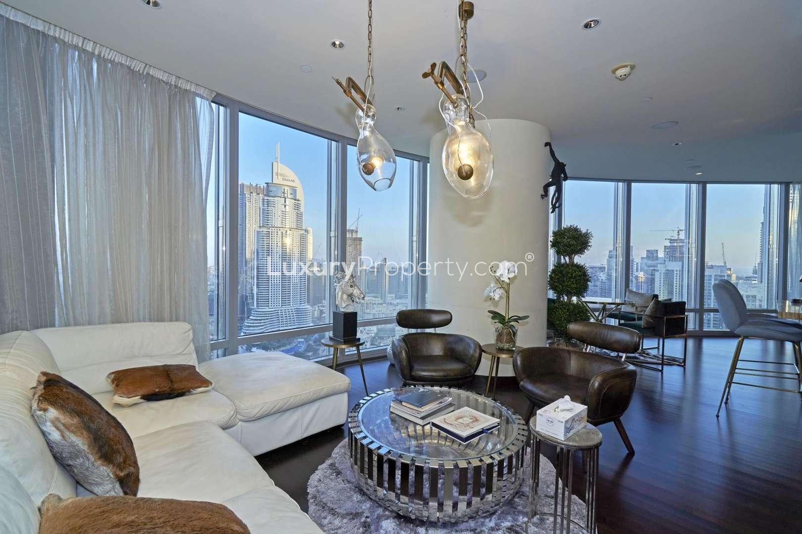 Modern living area in 2-bedroom apartment, Burj Khalifa, Downtown Dubai, with panoramic city views
