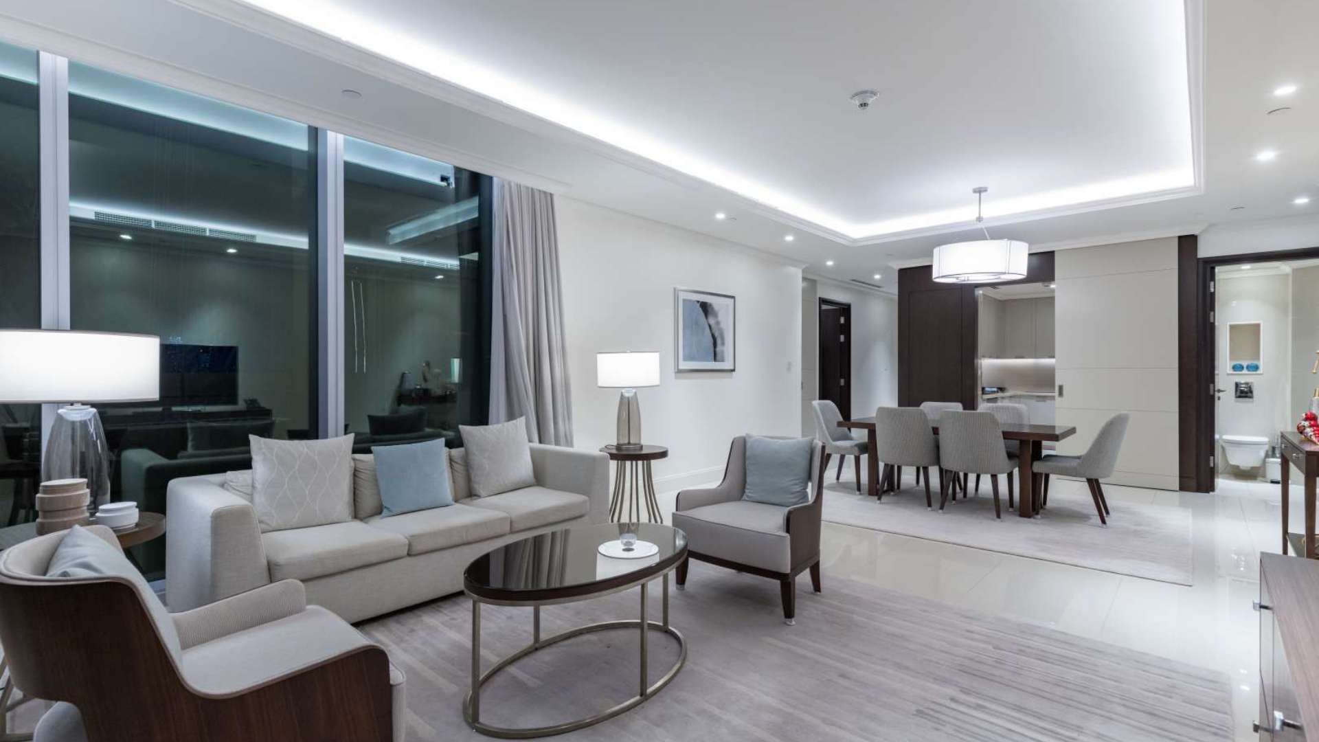 Fully furnished living and dining area in 2-bedroom apartment, Downtown Dubai