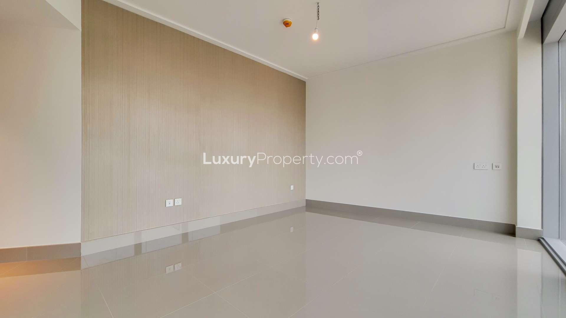 Empty living room in spacious Opera Grand apartment, Downtown Dubai, Burj Khalifa Area