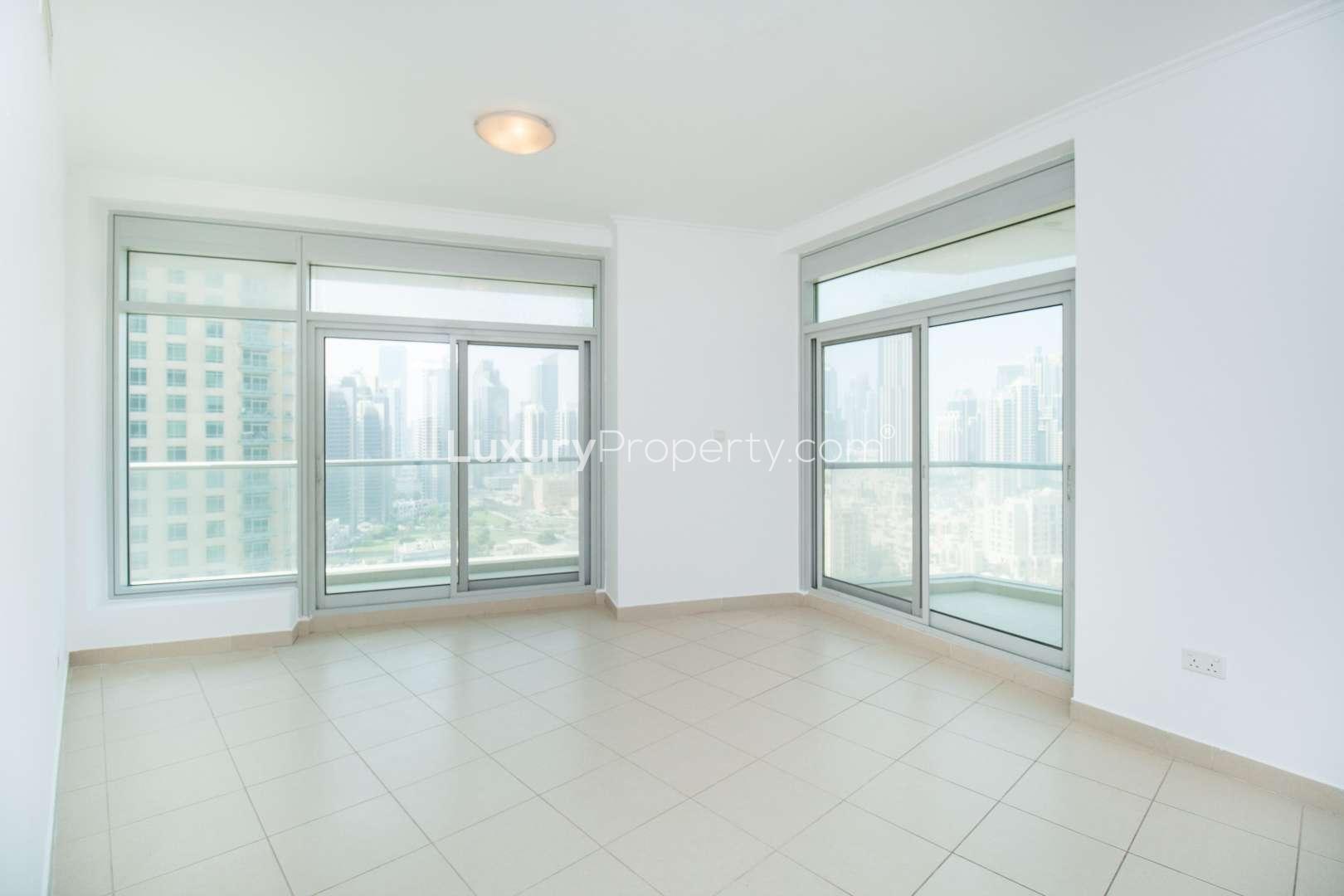 Spacious living room with Burj Khalifa views in Downtown Dubai apartment for rent