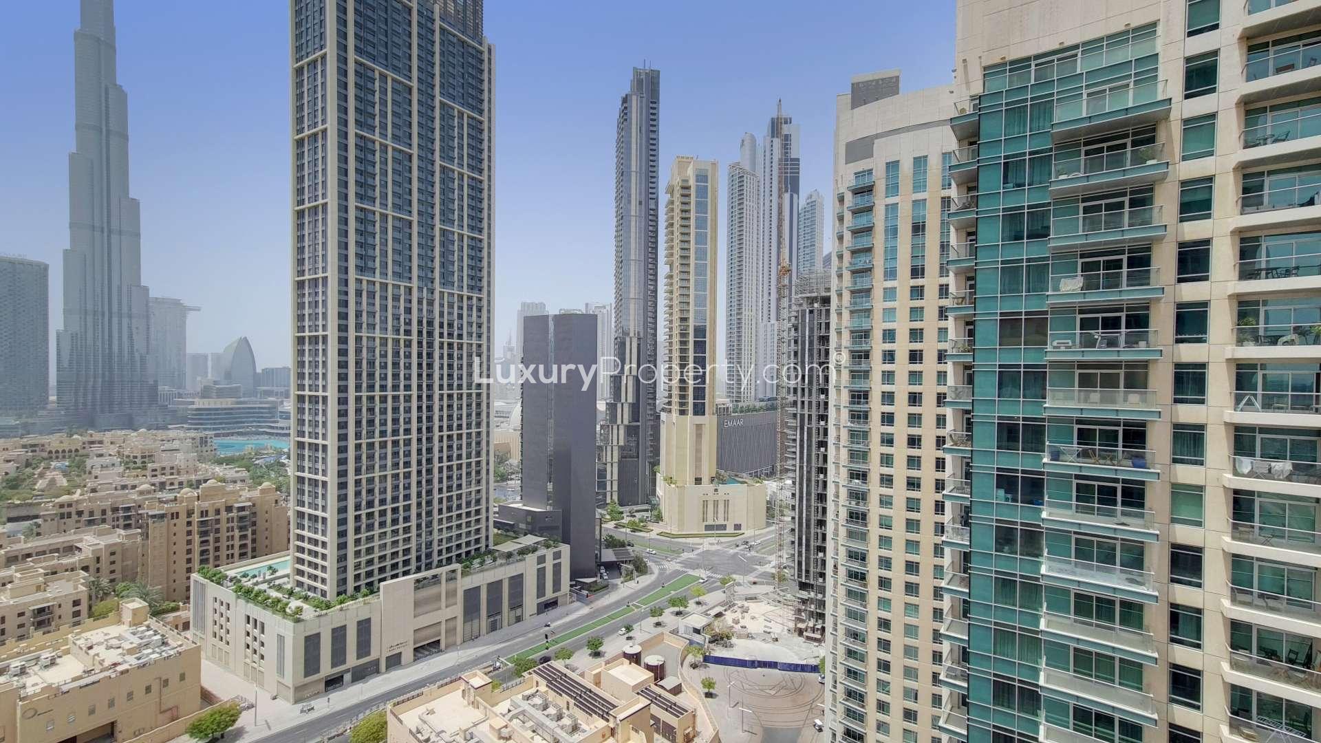 Modern living room with city views in 2-bedroom apartment, Burj Views Tower A, Downtown Dubai