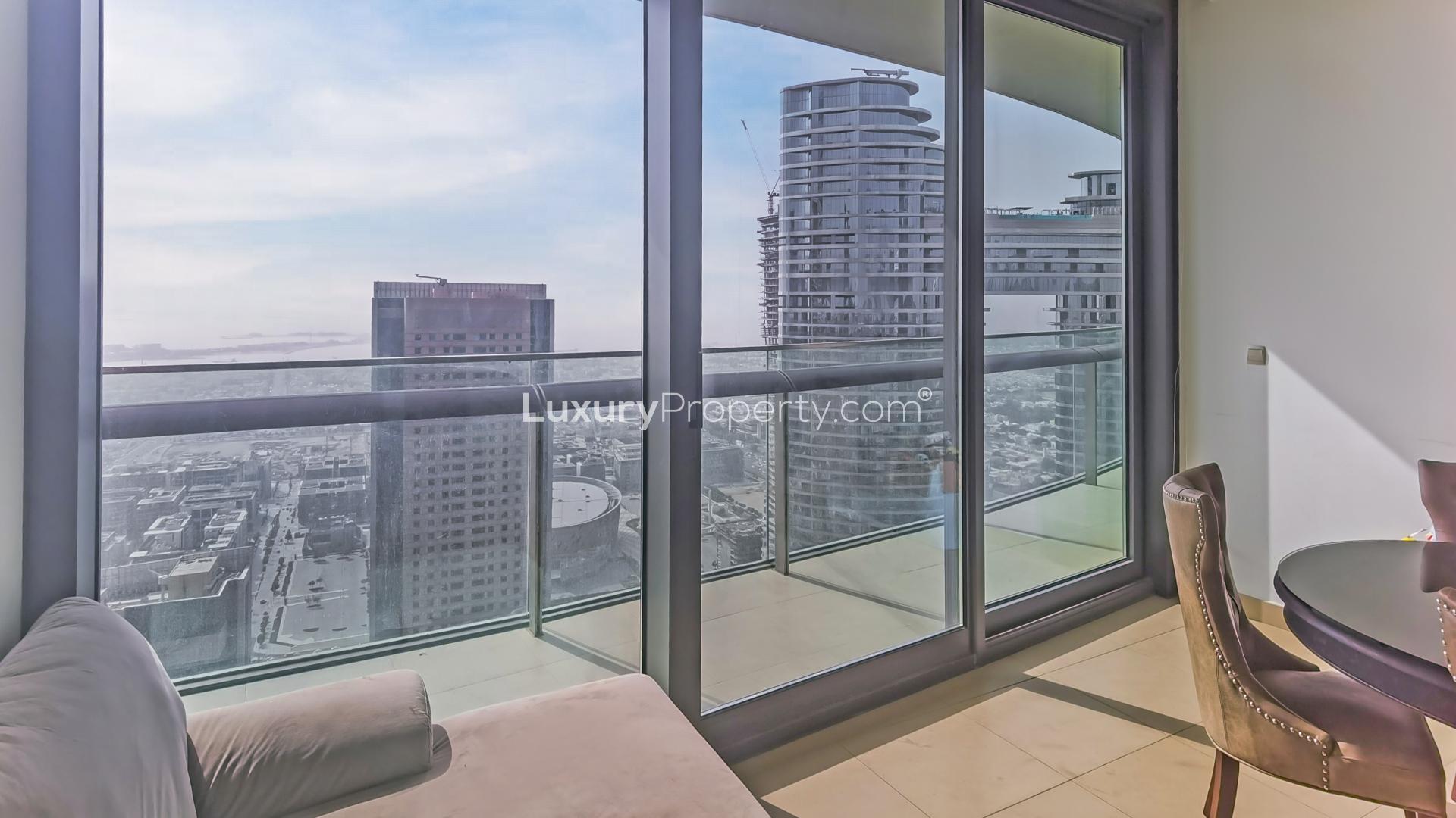 Stunning Burj Vista apartment living room with city views, Downtown Dubai rental