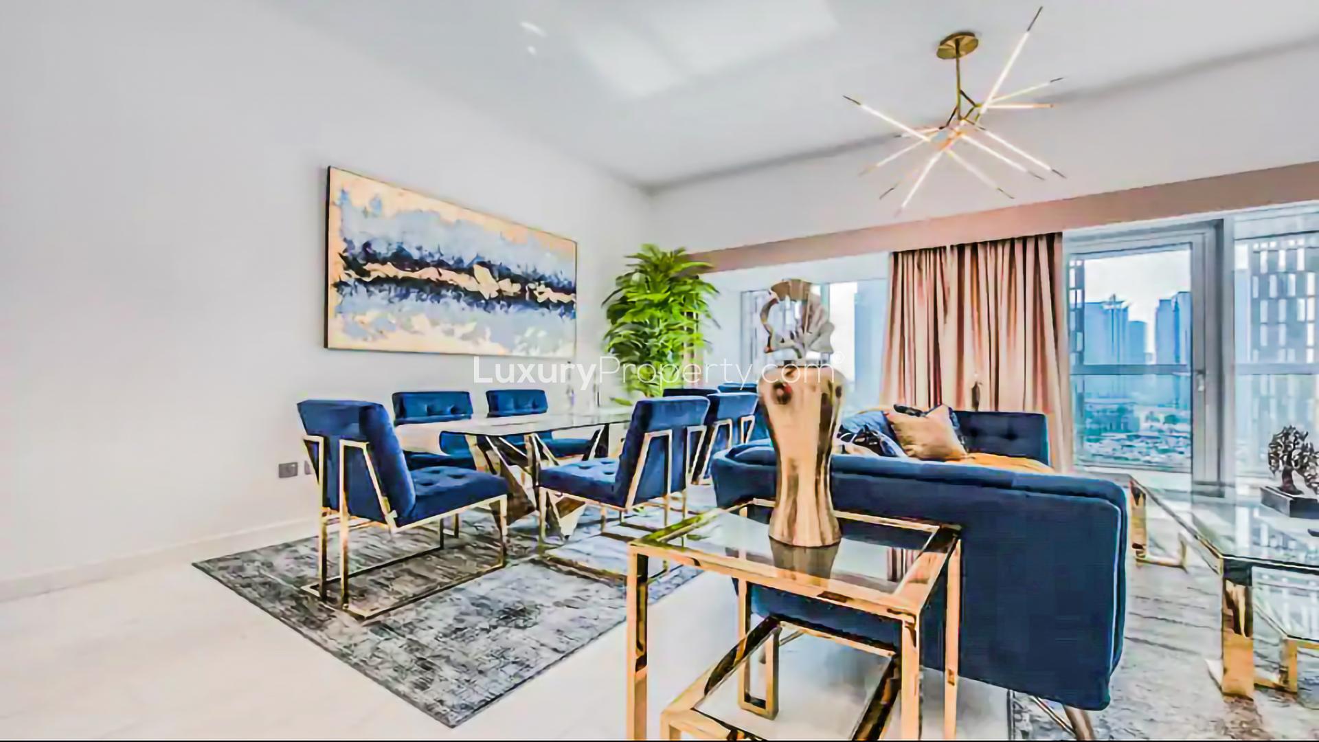 Luxurious living room in 2-bedroom apartment, Cayan Tower, Dubai Marina, elegant decor, modern furnishings