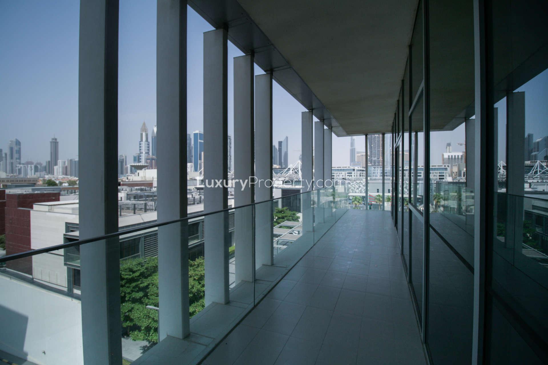 Contemporary living room with city view in City Walk, Dubai apartment for rent