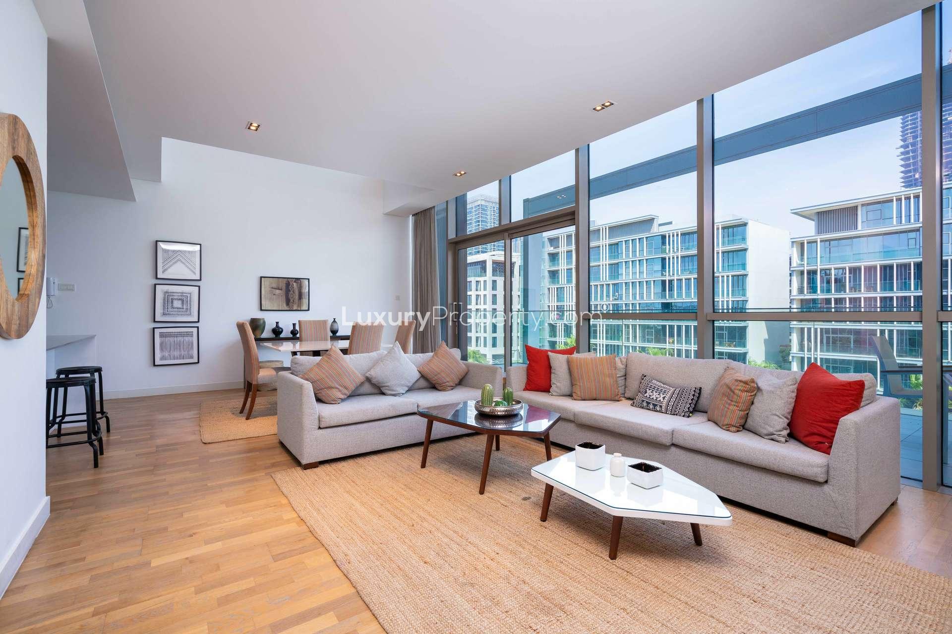 City Walk view with Burj Khalifa, modern buildings, and street, near Jumeirah apartment rental