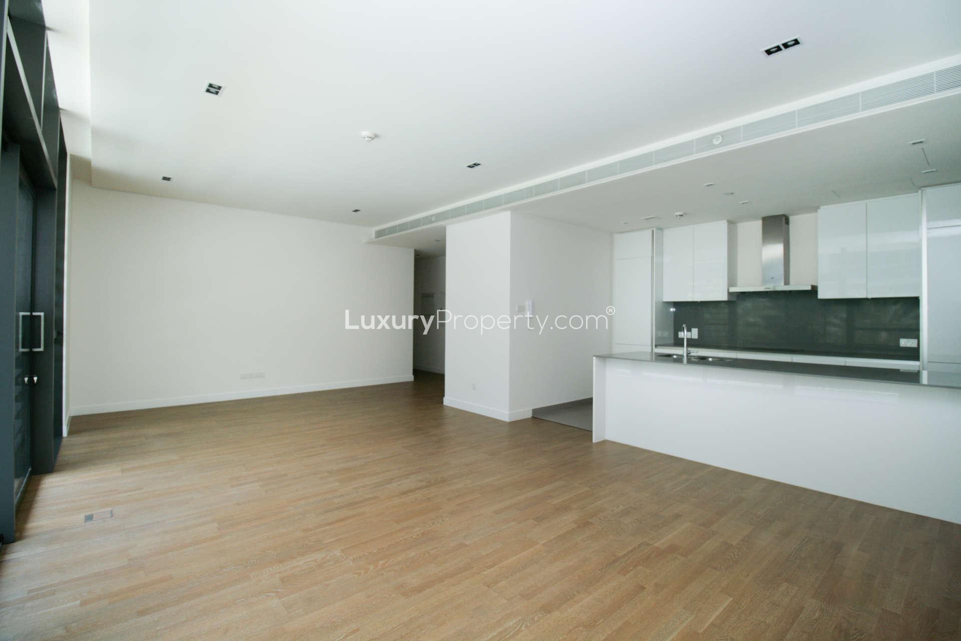Bright living area in 2-bed apartment, City Walk Jumeirah, with modern kitchen and wood flooring