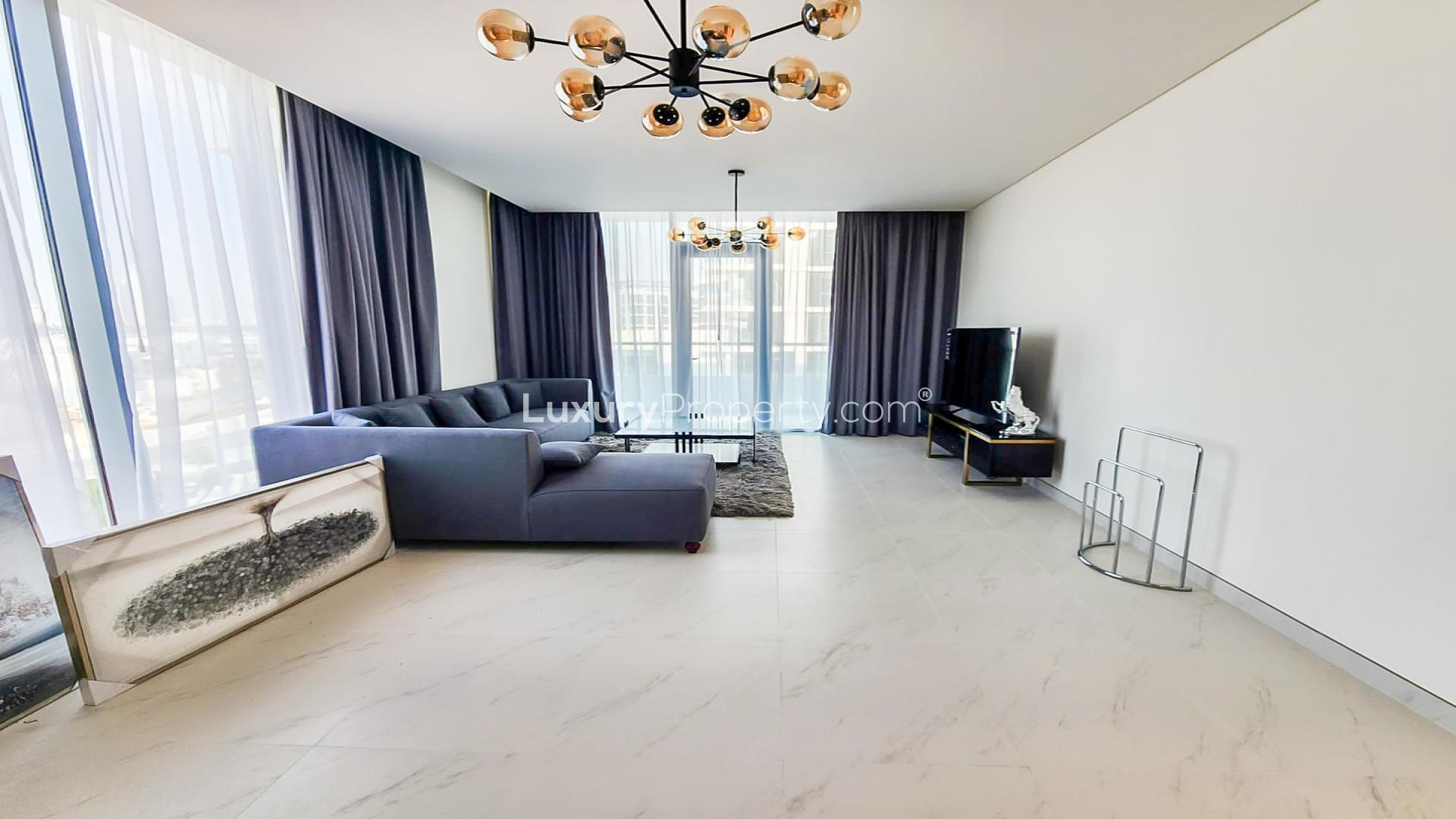 Furnished living room in 2-bedroom apartment, District One, Mohammed Bin Rashid City, for rent