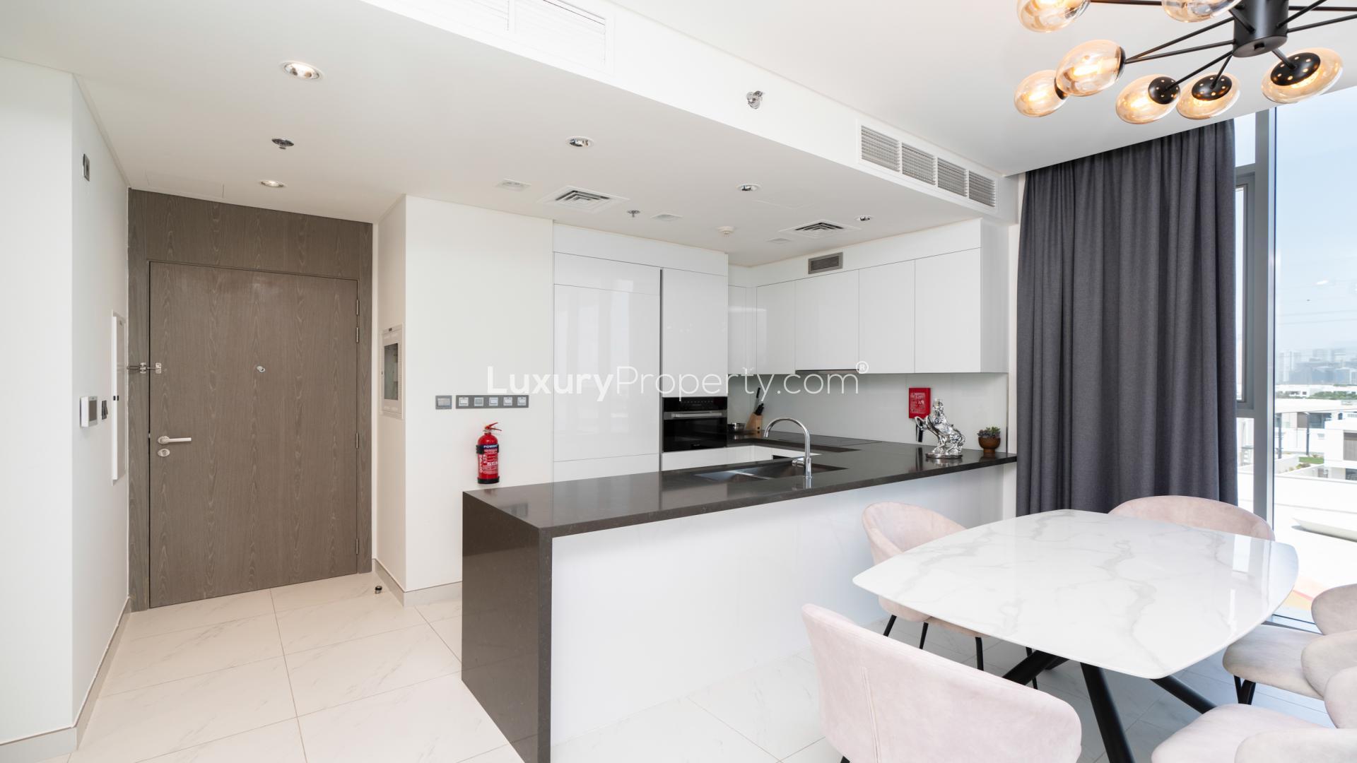 Fully furnished living room in 2-bedroom apartment, District One, Mohammed Bin Rashid City