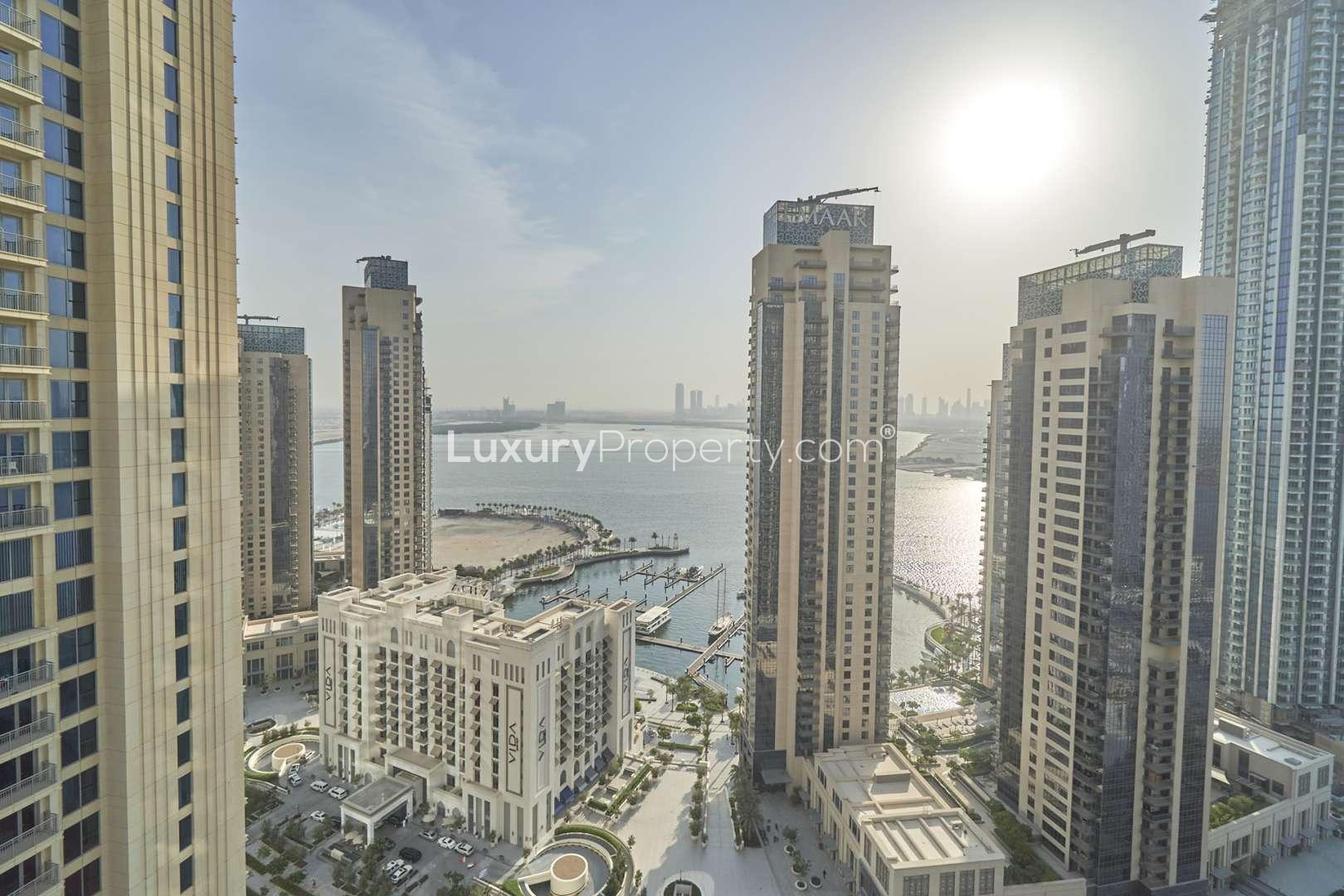 Luxury apartment view of Dubai Creek Harbour skyline and marina at Creek Horizon