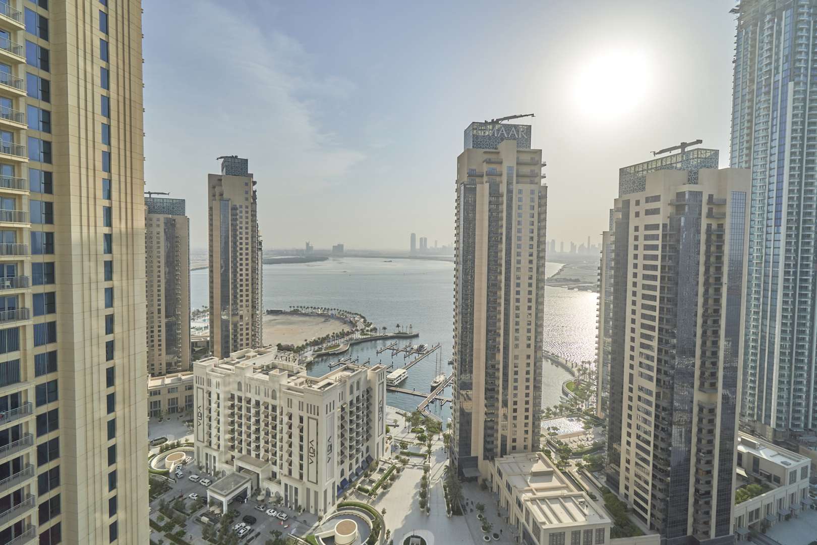 Luxury apartment view of Dubai Creek Harbour skyline and marina at Creek Horizon
