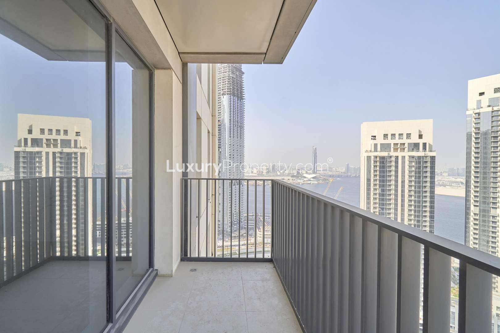 Balcony view from 4-bedroom apartment in Creek Horizon, Dubai Creek Harbour, overlooking skyline