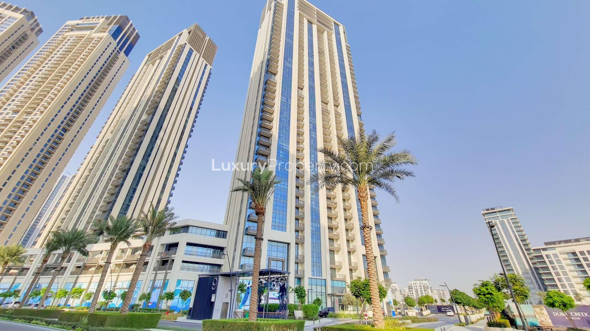 Skyline view from Creekside 18 apartment in Dubai Creek Harbour, showcasing modern architecture