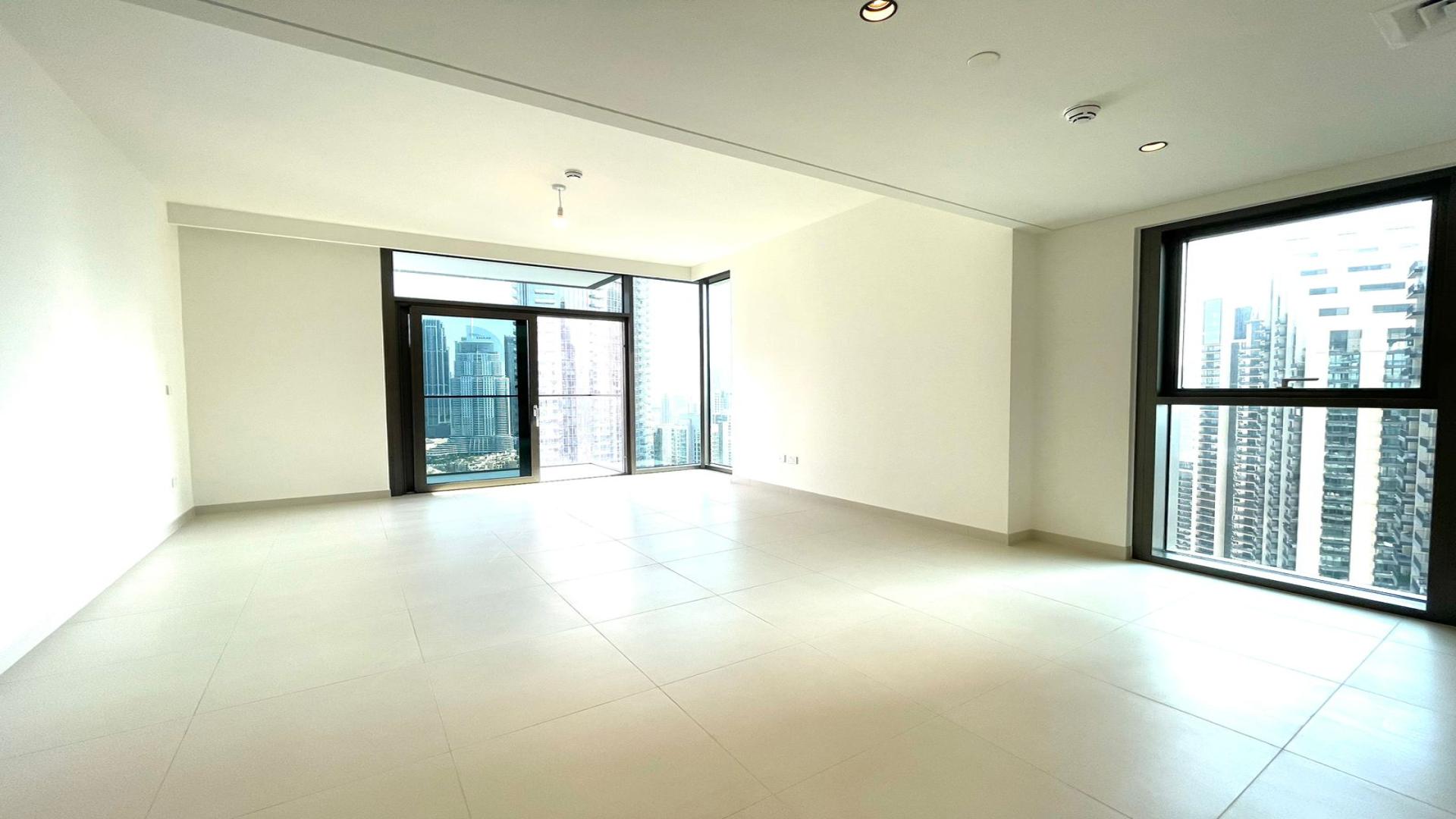 Apartment balcony view of Burj Khalifa and Downtown Dubai skyline, Burj Crown residential rental