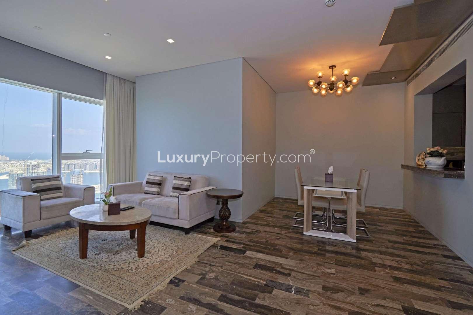 Luxurious living room in 2-bed Fendi apartment, DAMAC Residenze, Dubai Marina, modern decor