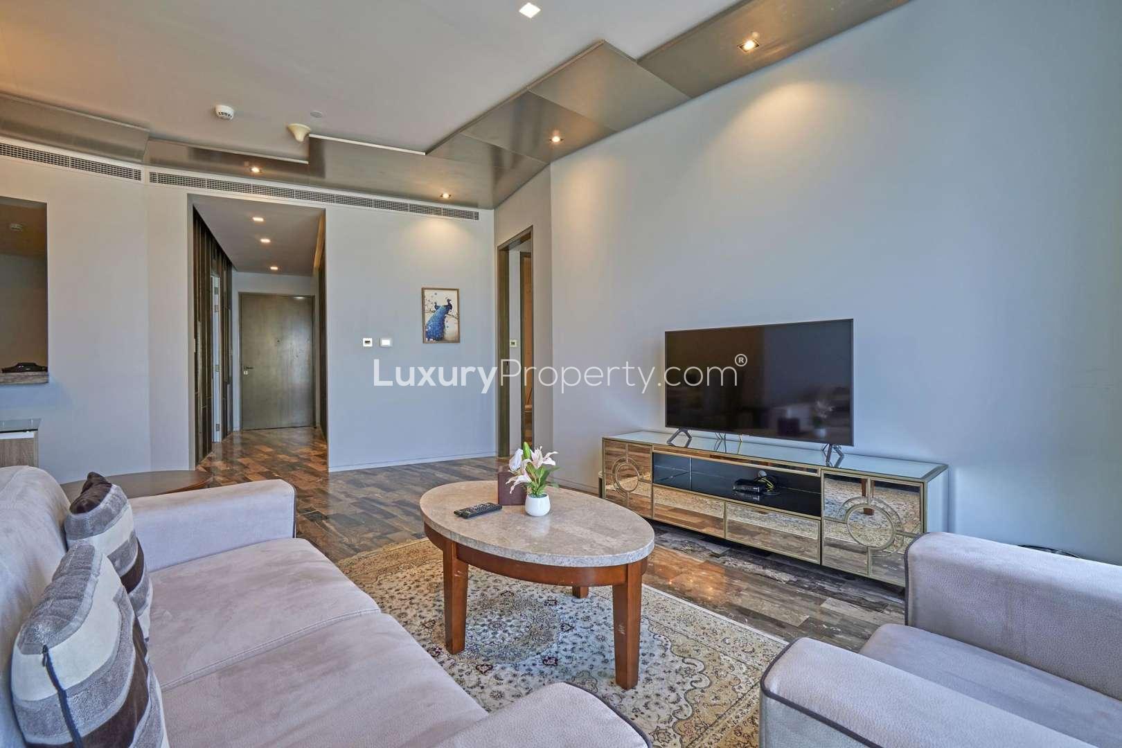 Luxurious living room in Fendi apartment, DAMAC Residenze, Dubai Marina, modern decor