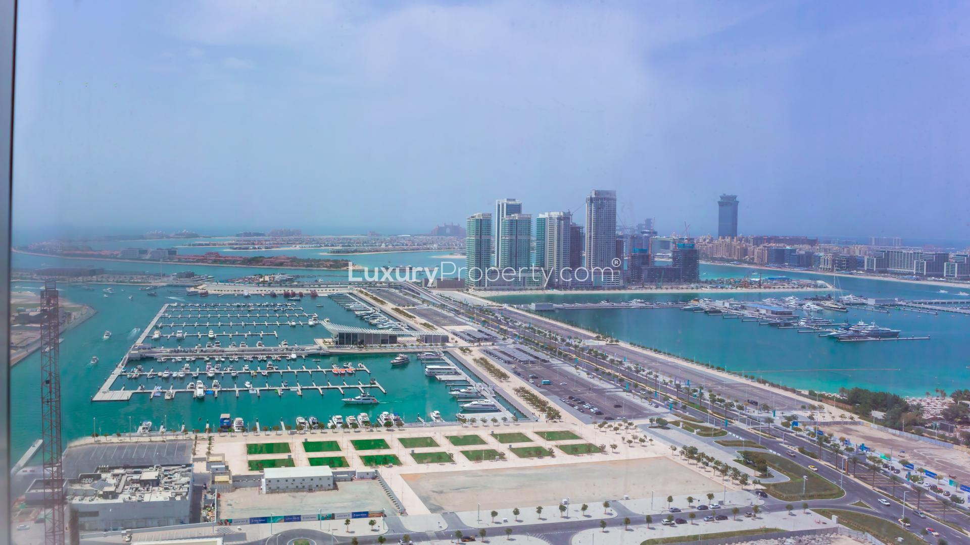 Fully furnished living room in Damac Heights apartment, Dubai Marina, with modern decor