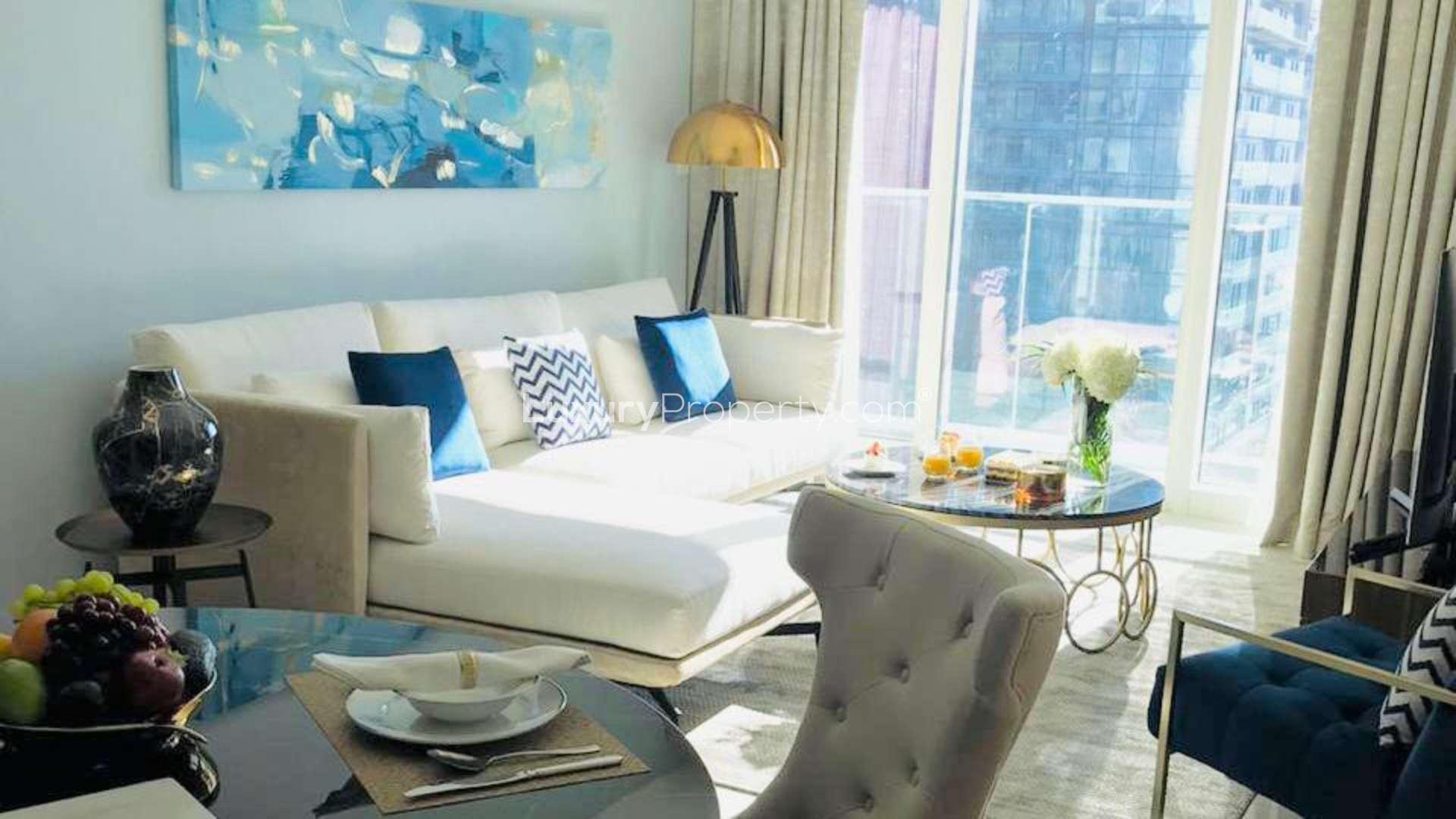 Fully furnished living room with marina view in Dubai Marina, Damac Heights apartment