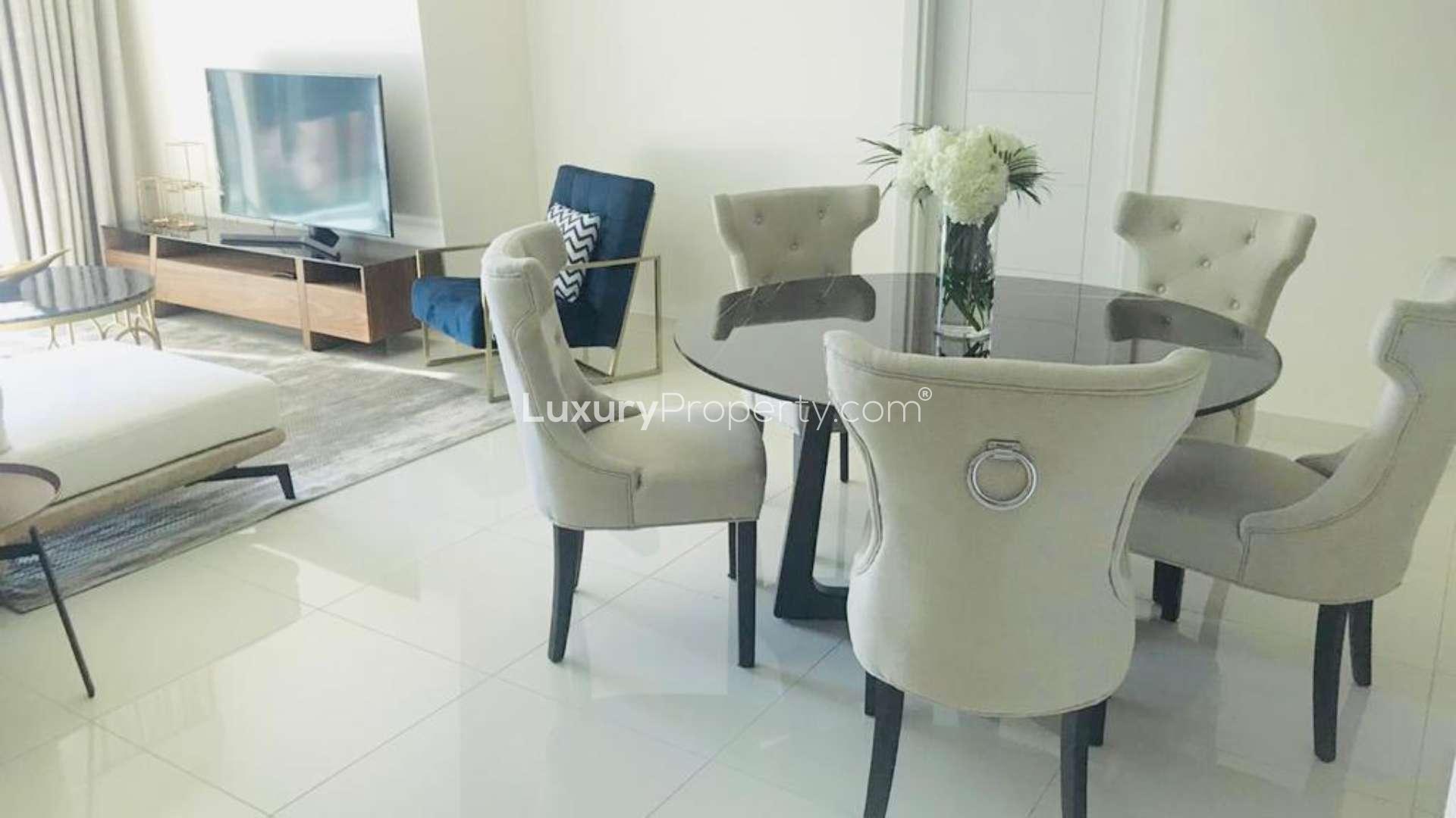 Fully furnished bedroom with marina views in Damac Heights, Dubai Marina apartment