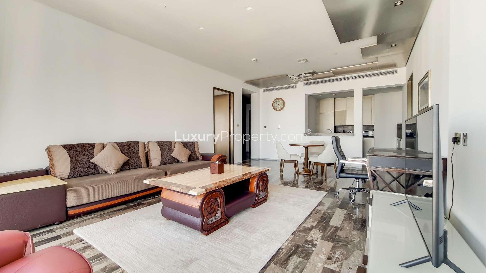 High-floor balcony view of Dubai Marina from Damac Heights apartment for rent