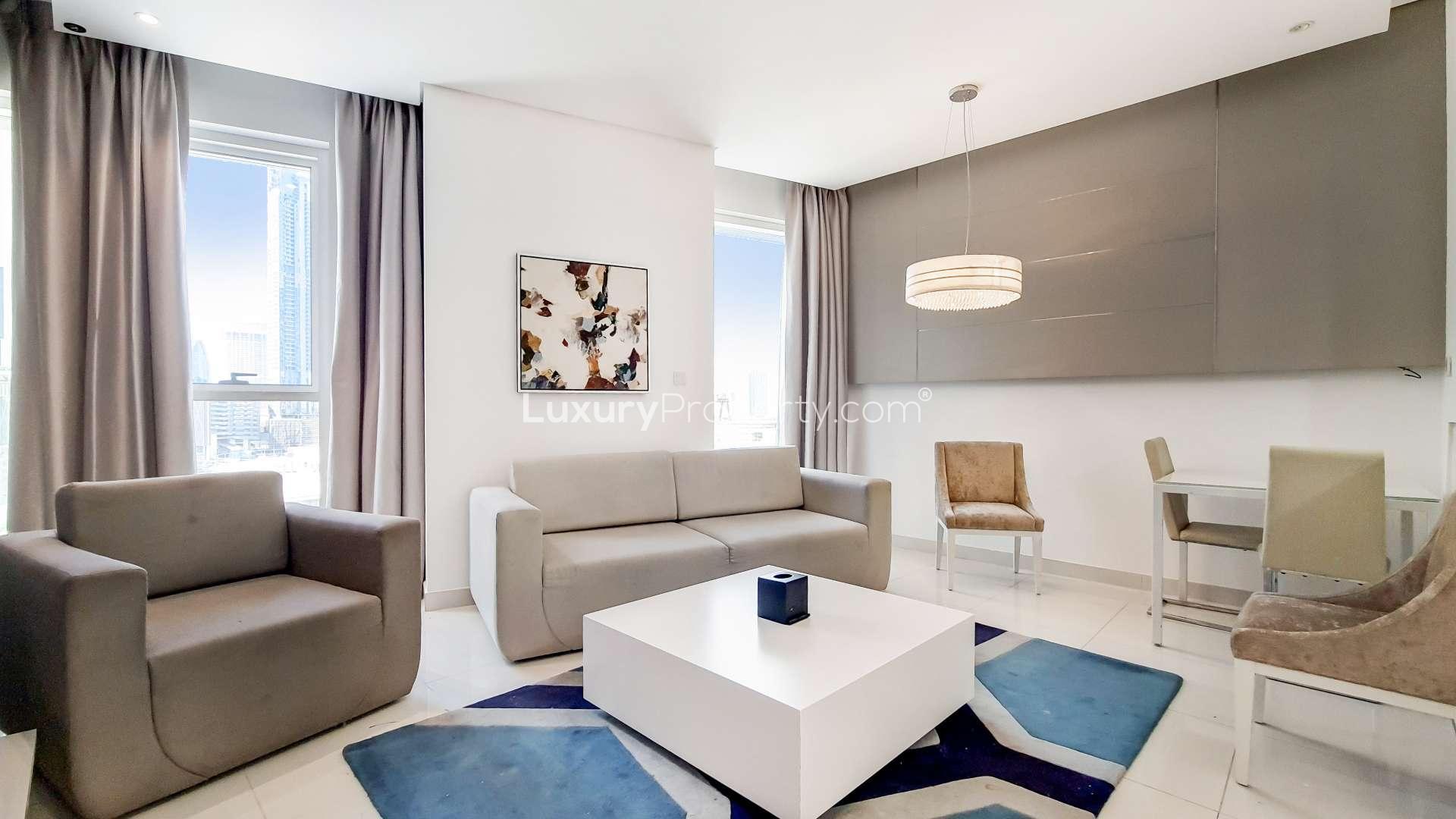 Modern living room in fully furnished 2-bedroom apartment, DAMAC Maison The Vogue, Business Bay