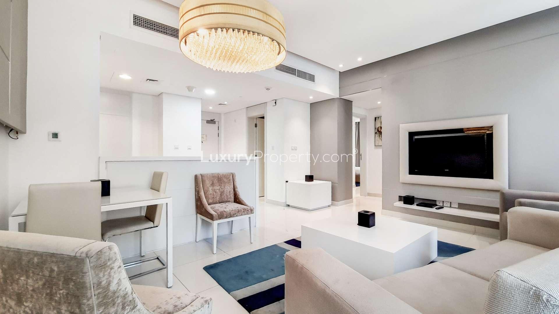 Modern living room in fully furnished 2-bedroom apartment, Business Bay, DAMAC Maison The Vogue