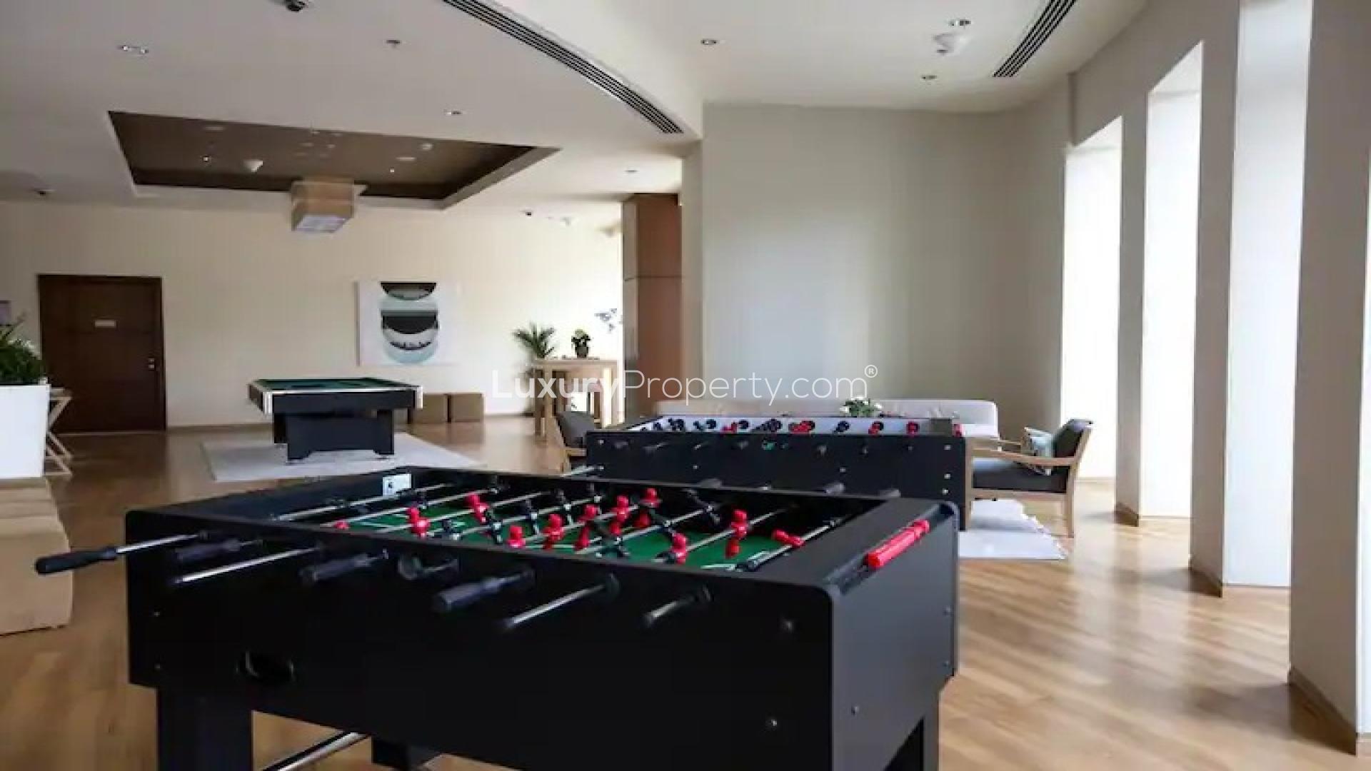 High-floor Burj Vista apartment balcony view, Downtown Dubai skyline at dusk