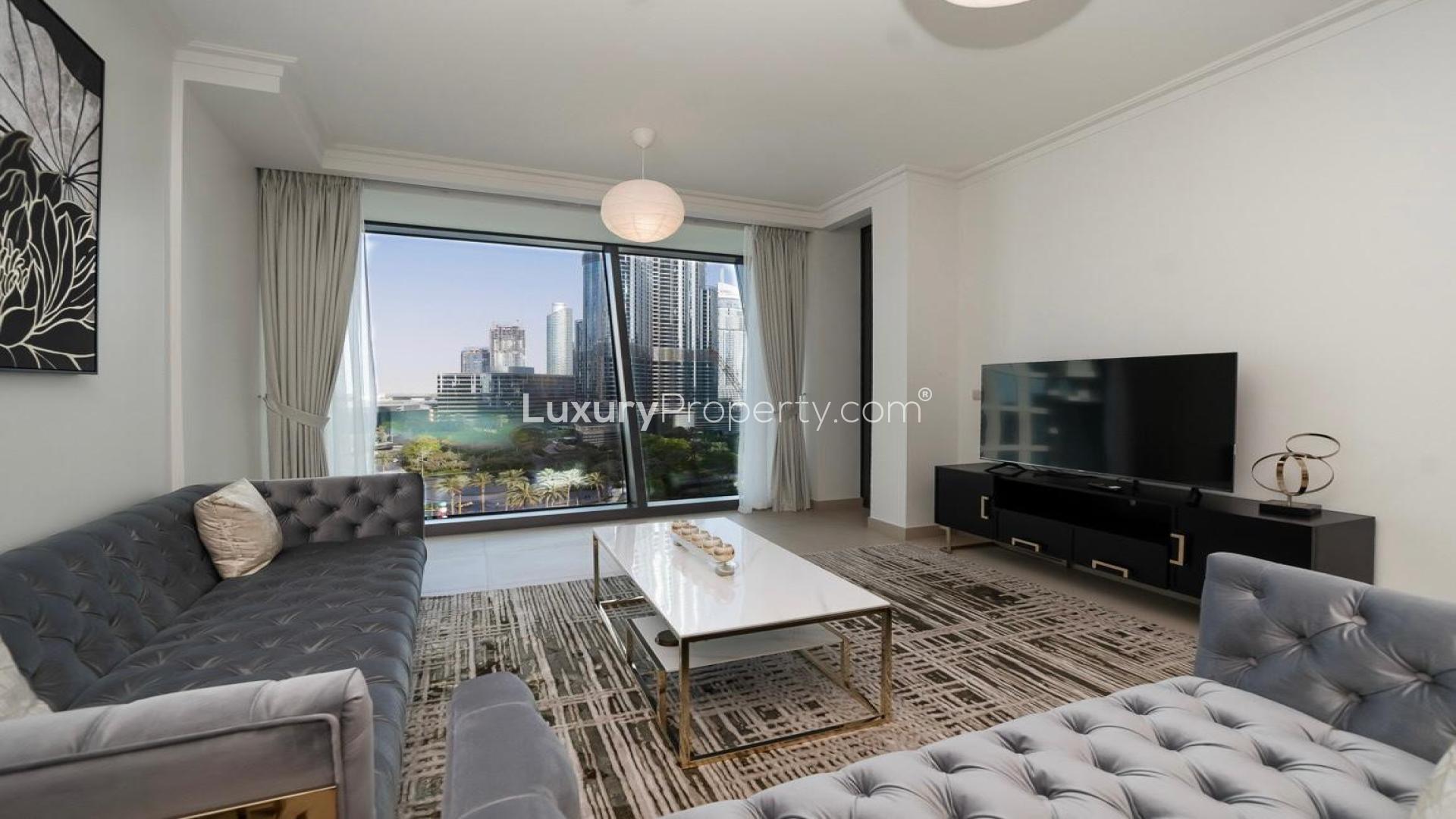 Modern furnished living and dining area in Burj Vista 2 apartment, Downtown Dubai