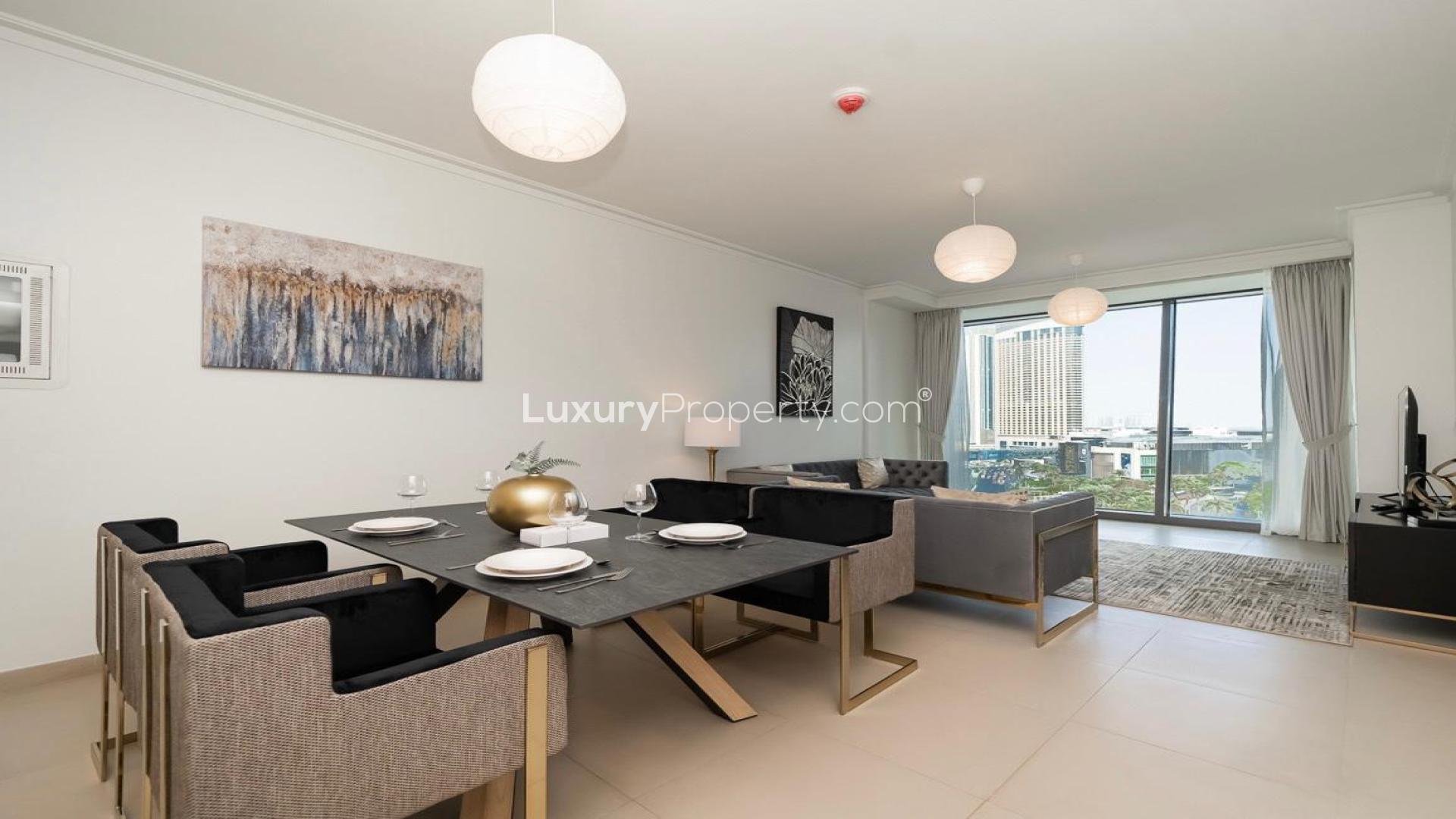 Modern living room in furnished 2-bedroom apartment, Burj Vista, Downtown Dubai, for rent