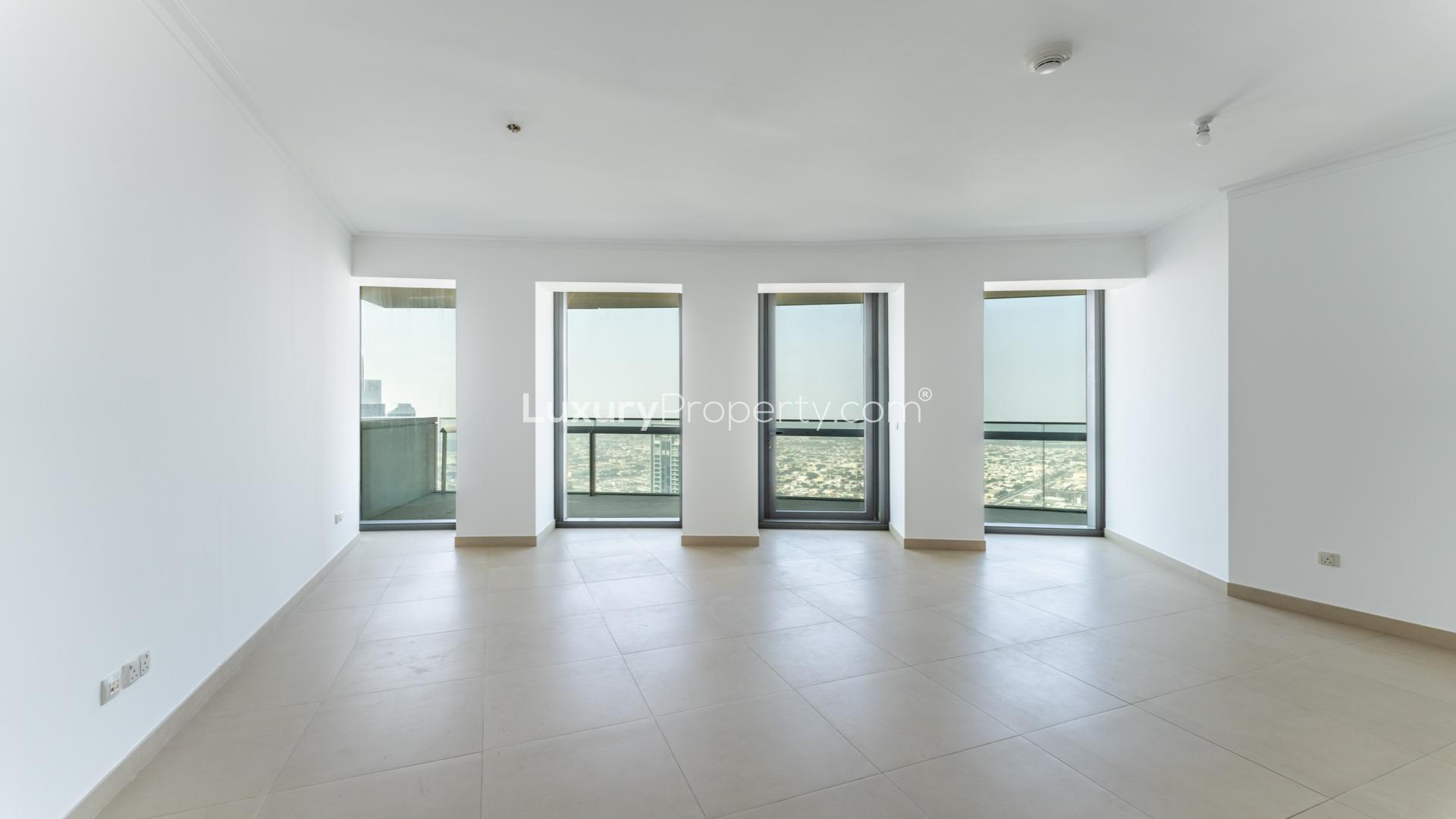 High-floor view from Burj Vista apartment balcony overlooking Downtown Dubai skyline