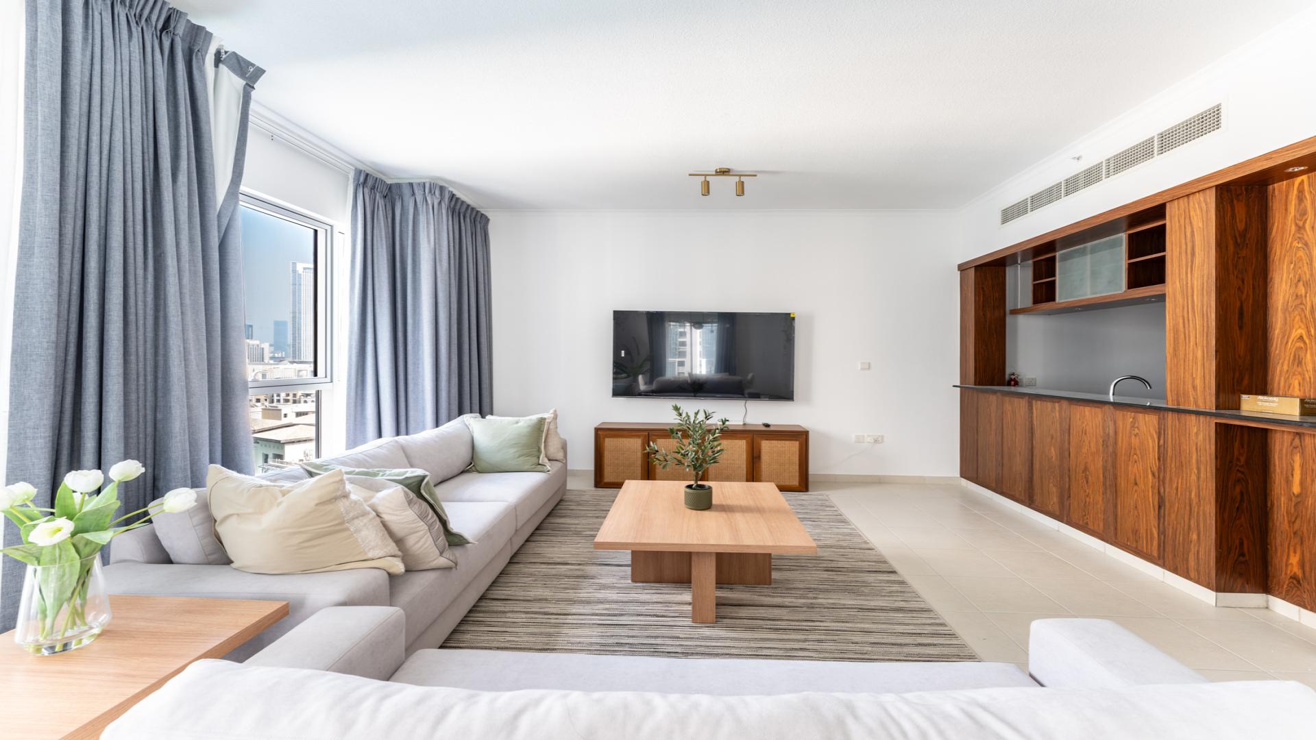 Modern furnished apartment living room with Burj Khalifa view, Downtown Dubai, The Residences