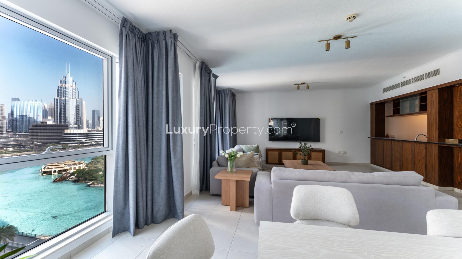 Modern furnished living room with Burj Khalifa view, Downtown Dubai apartment for rent