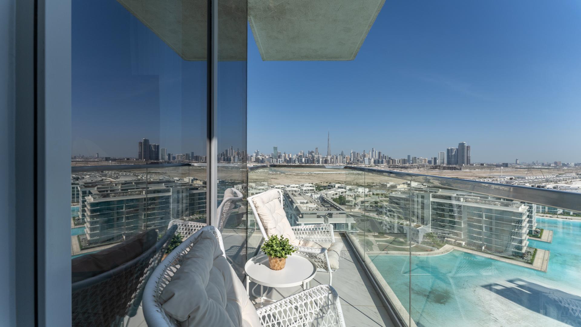 Luxurious living room in furnished 2-bedroom apartment, MBR City District One, for rent