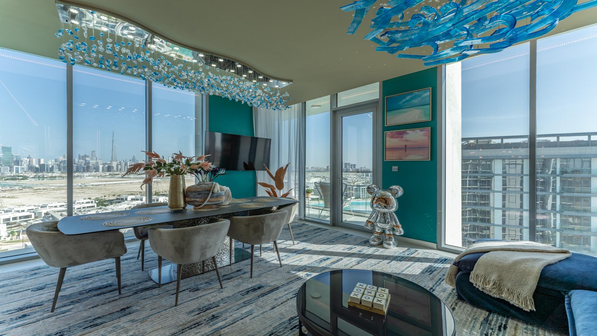 Impeccably furnished apartment balcony with lagoon view in MBR City, District One