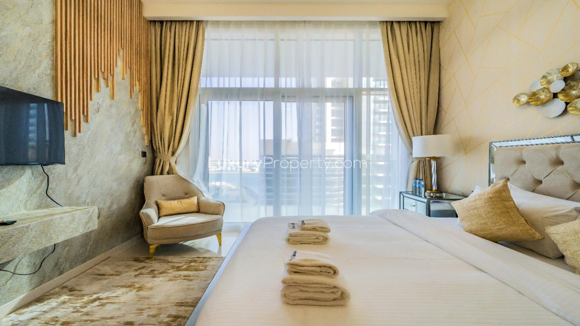 Modern living room in furnished 2-bedroom apartment, Emaar Beachfront, Dubai Harbour, available for rent