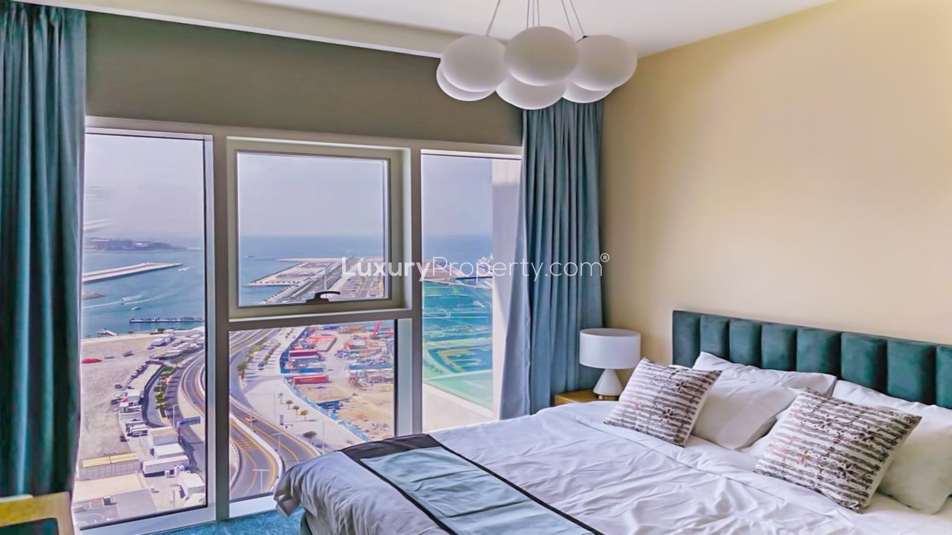 Luxury furnished living room in Sunrise Bay apartment, Emaar Beachfront, Dubai Harbour, sea view