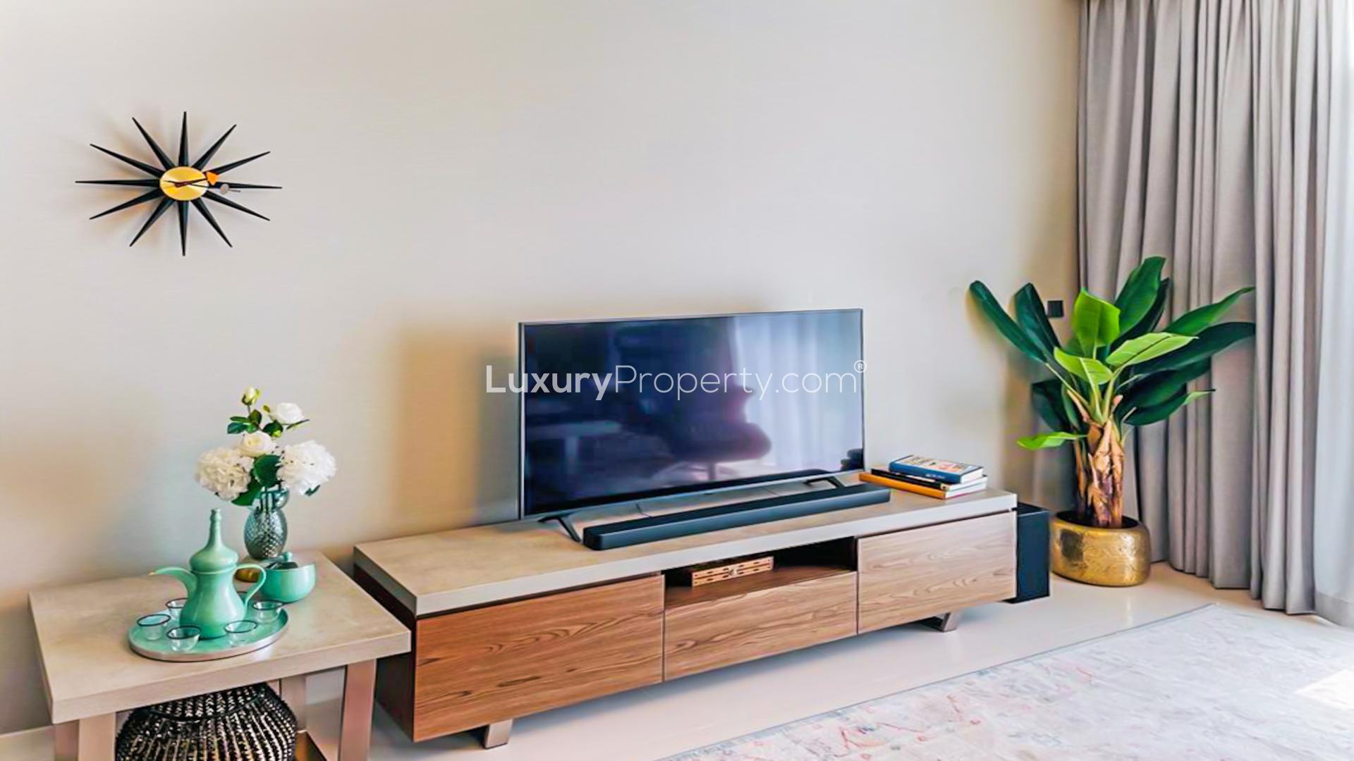 Luxurious furnished bedroom with sea view at Sunrise Bay, Emaar Beachfront, Dubai Harbour