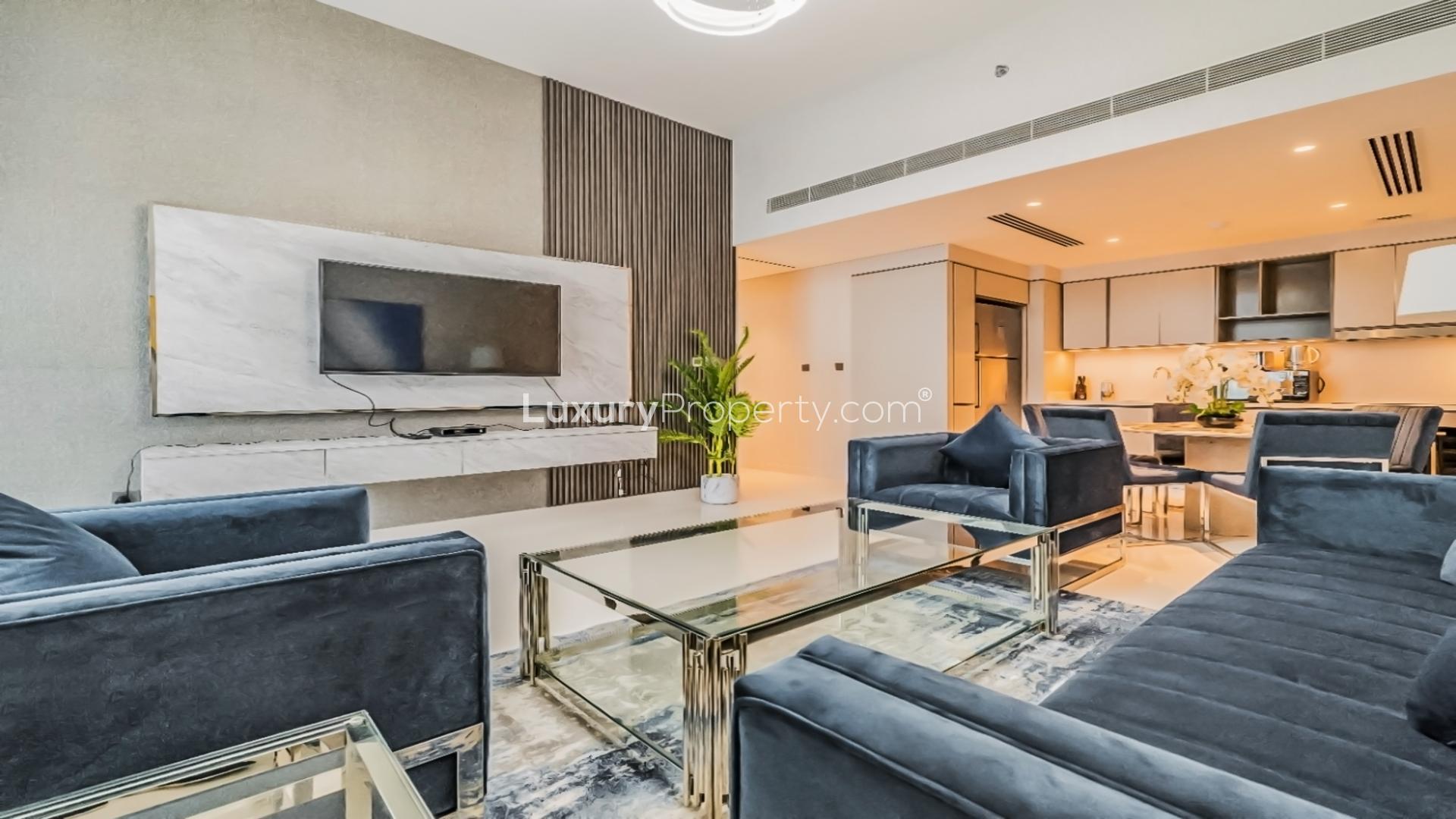 Luxurious balcony view at Sunrise Bay apartment, Dubai Harbour, overlooking marina and cityscape